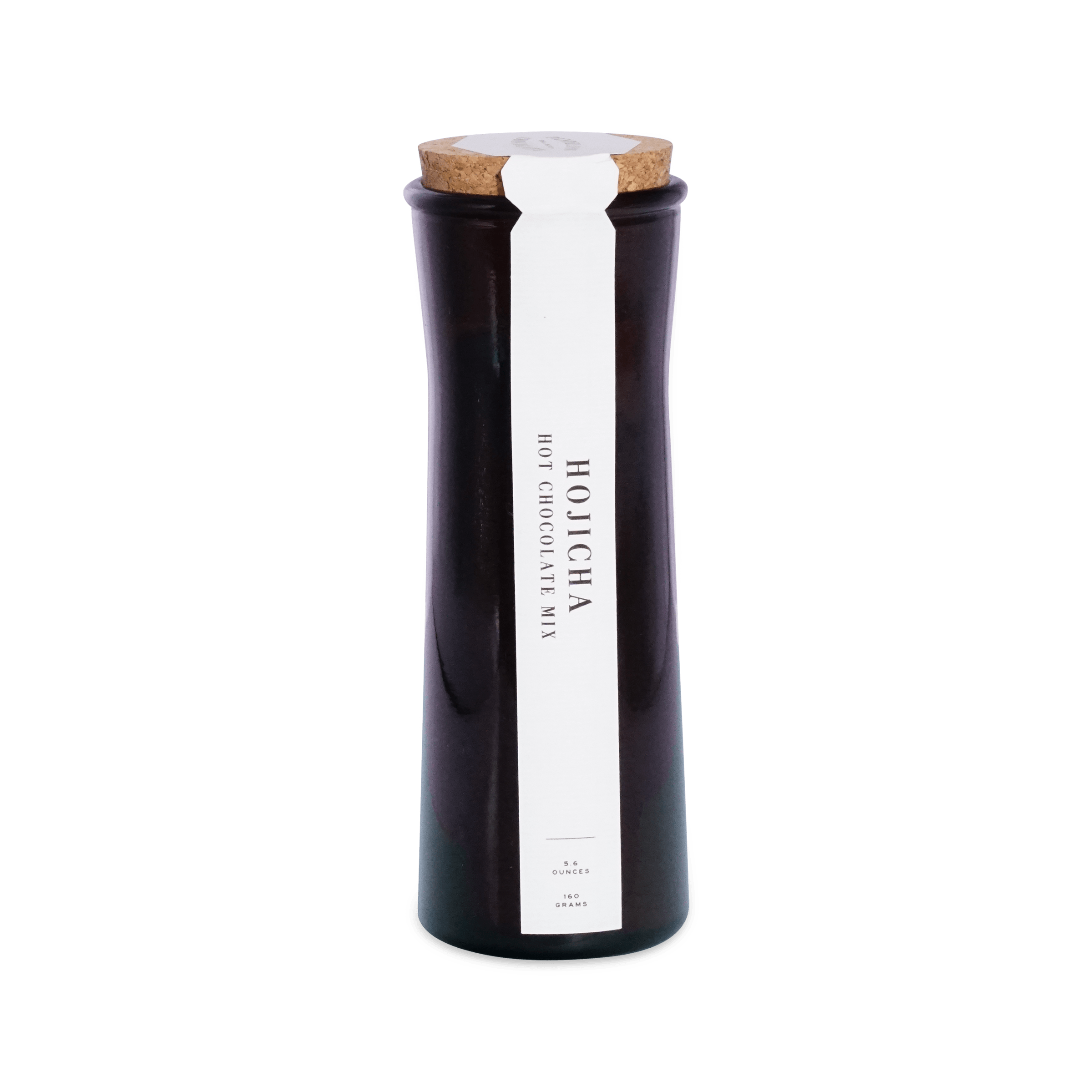 Tall dark amber glass jar with a cork lid and a white front label reading Hojicha Hot Chocolate Mix, 5.6 ounces, 160 grams.