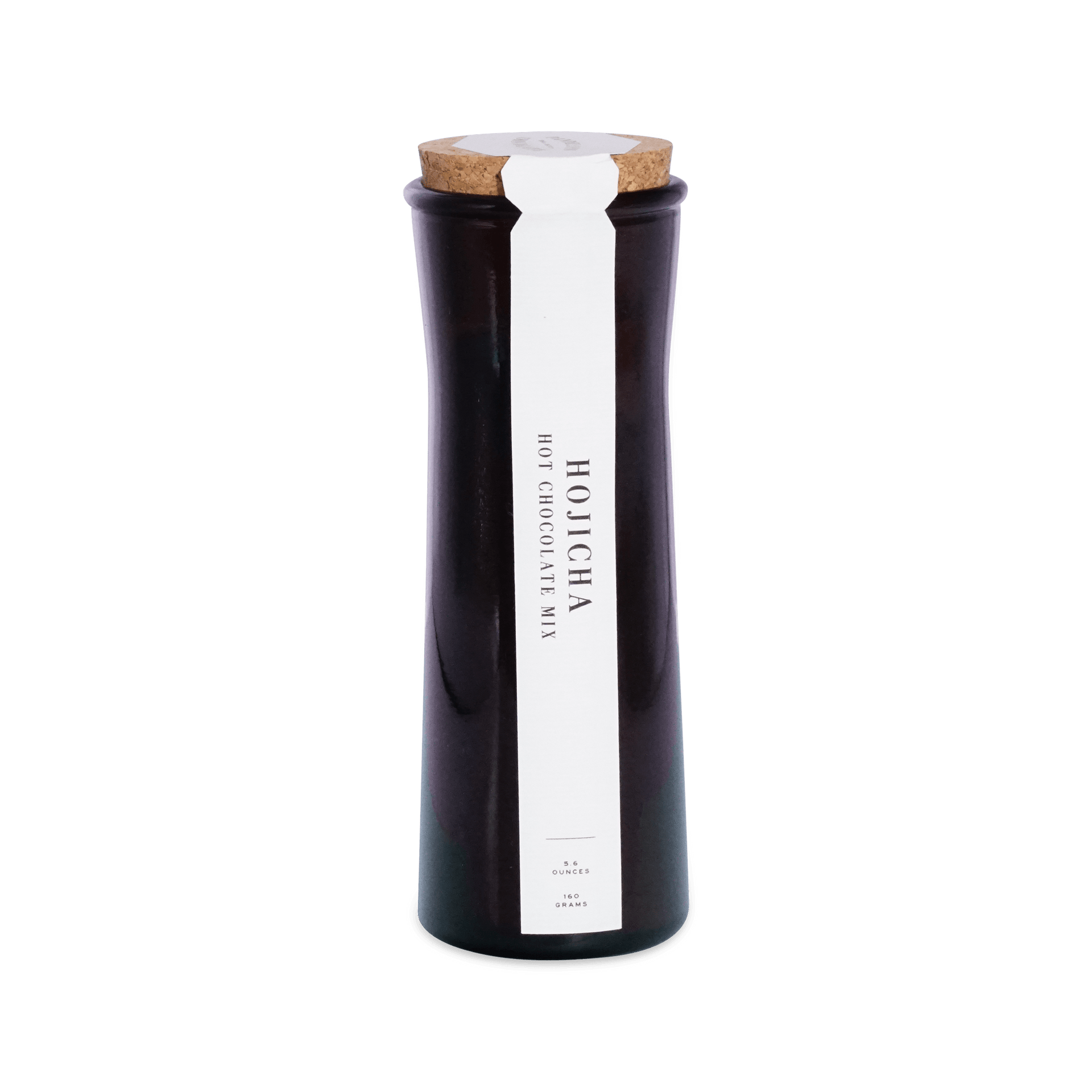Tall dark amber glass jar with a cork lid and a white front label reading Hojicha Hot Chocolate Mix, 5.6 ounces, 160 grams.