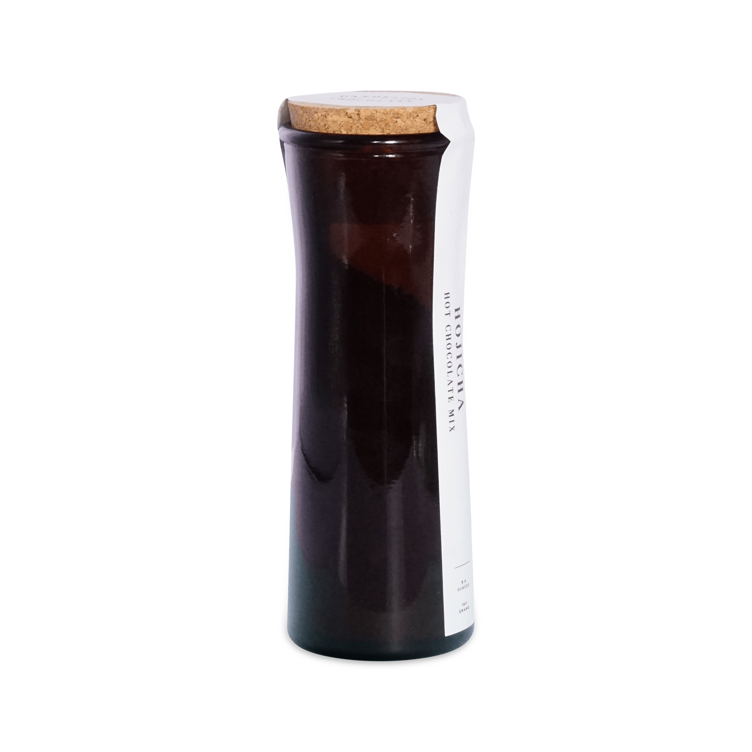Angled view of the dark amber Hojicha Hot Chocolate Mix jar with a cork lid and white wraparound label.