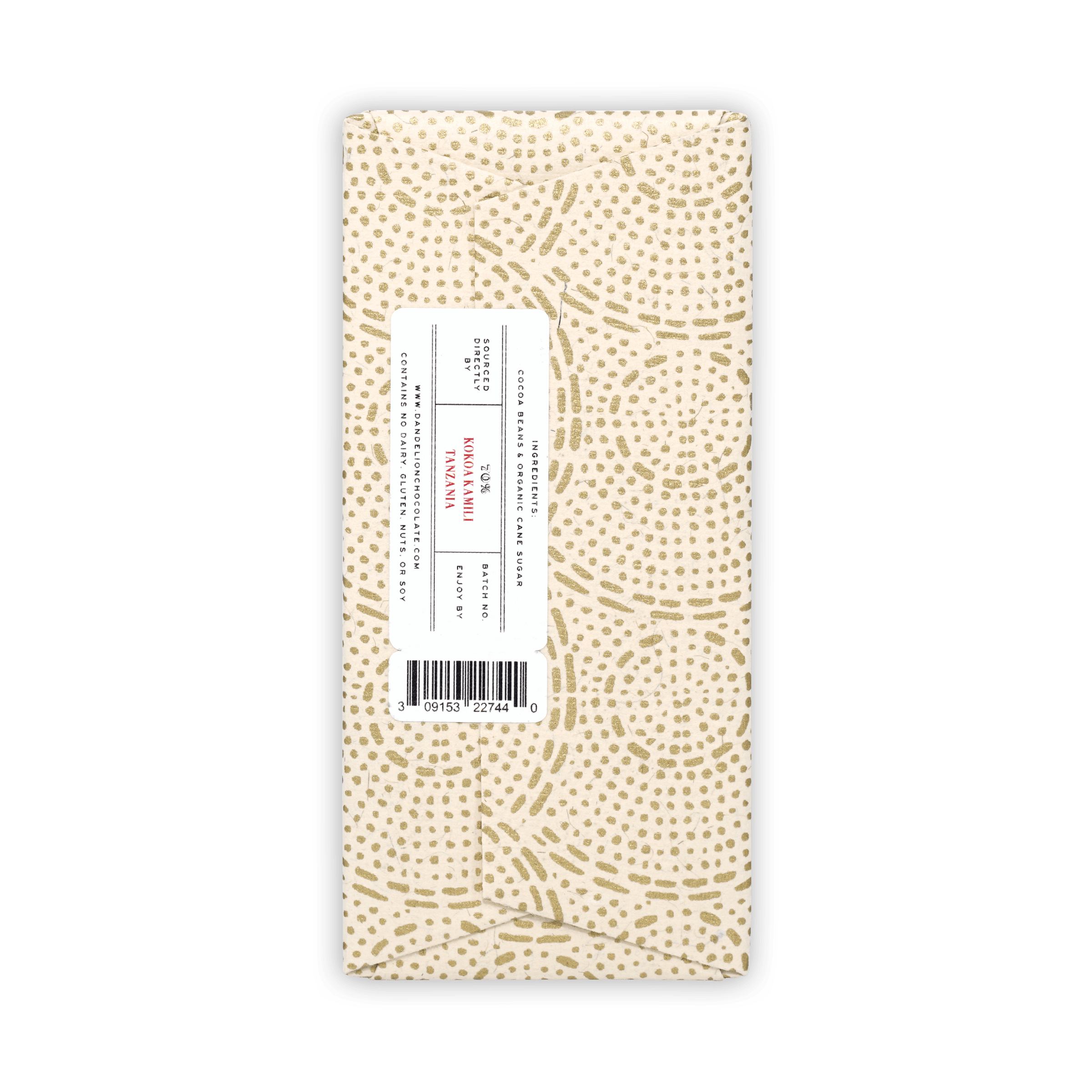 Dandelion Kokoa Kamili Tanzania 70% cream chocolate bar wrapper
