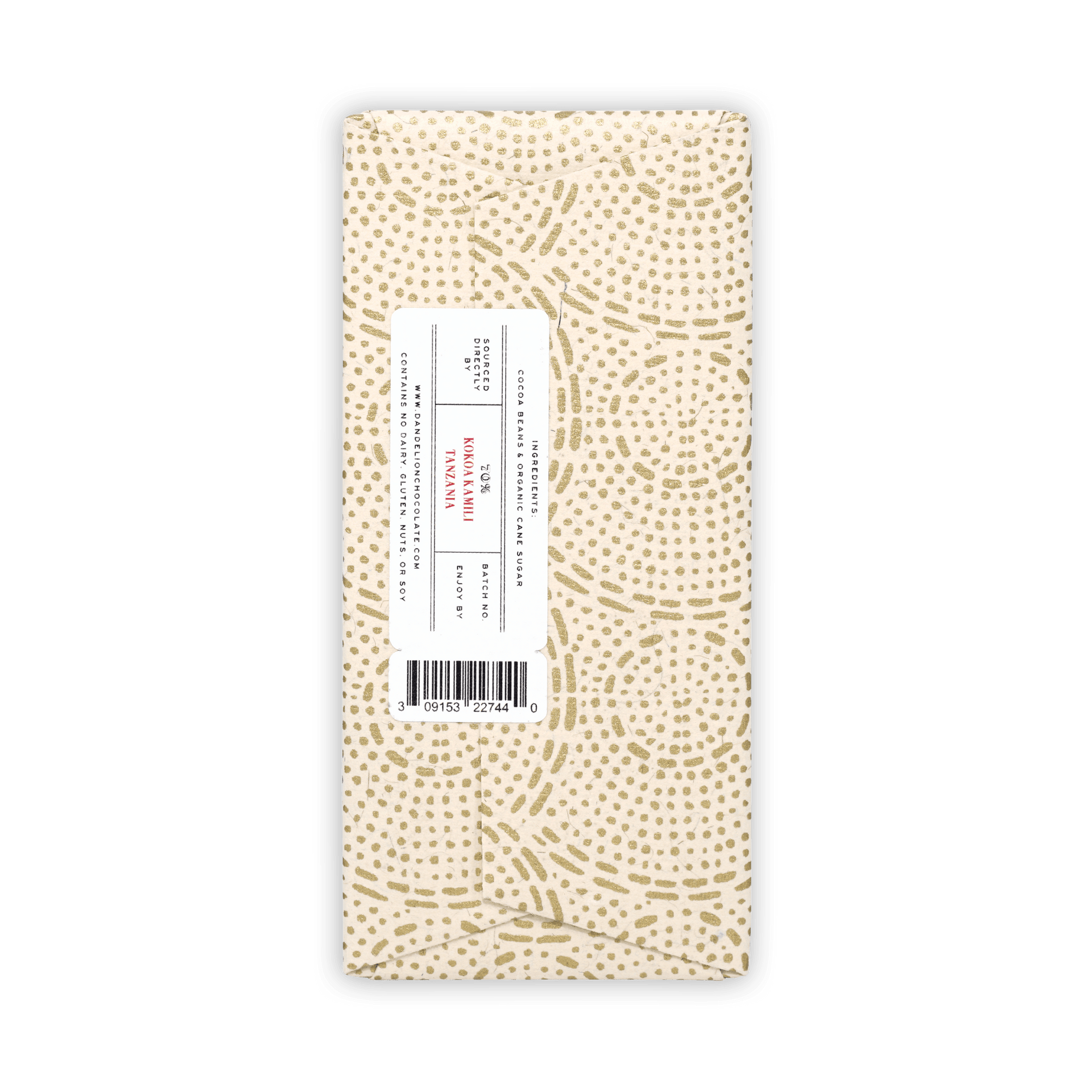 Dandelion Kokoa Kamili Tanzania 70% cream chocolate bar wrapper