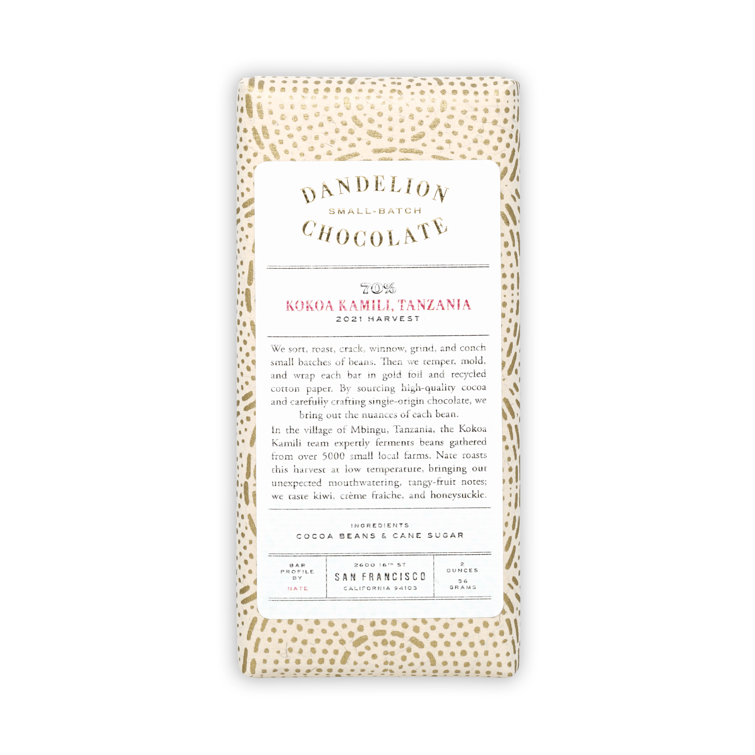 Dandelion Kokoa Kamili Tanzania 70% chocolate bar in beige wrapper