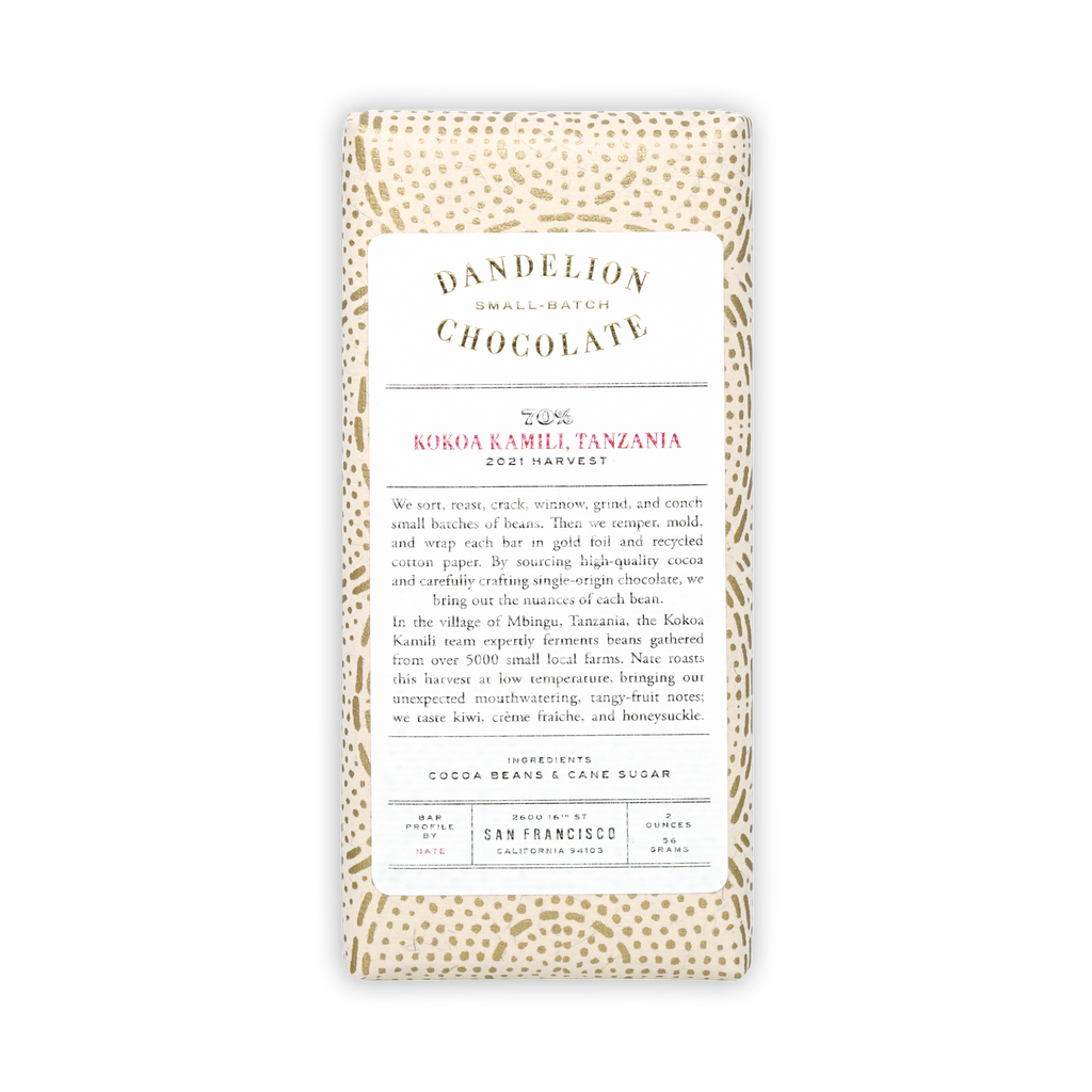 Dandelion Kokoa Kamili Tanzania 70% chocolate bar in beige wrapper