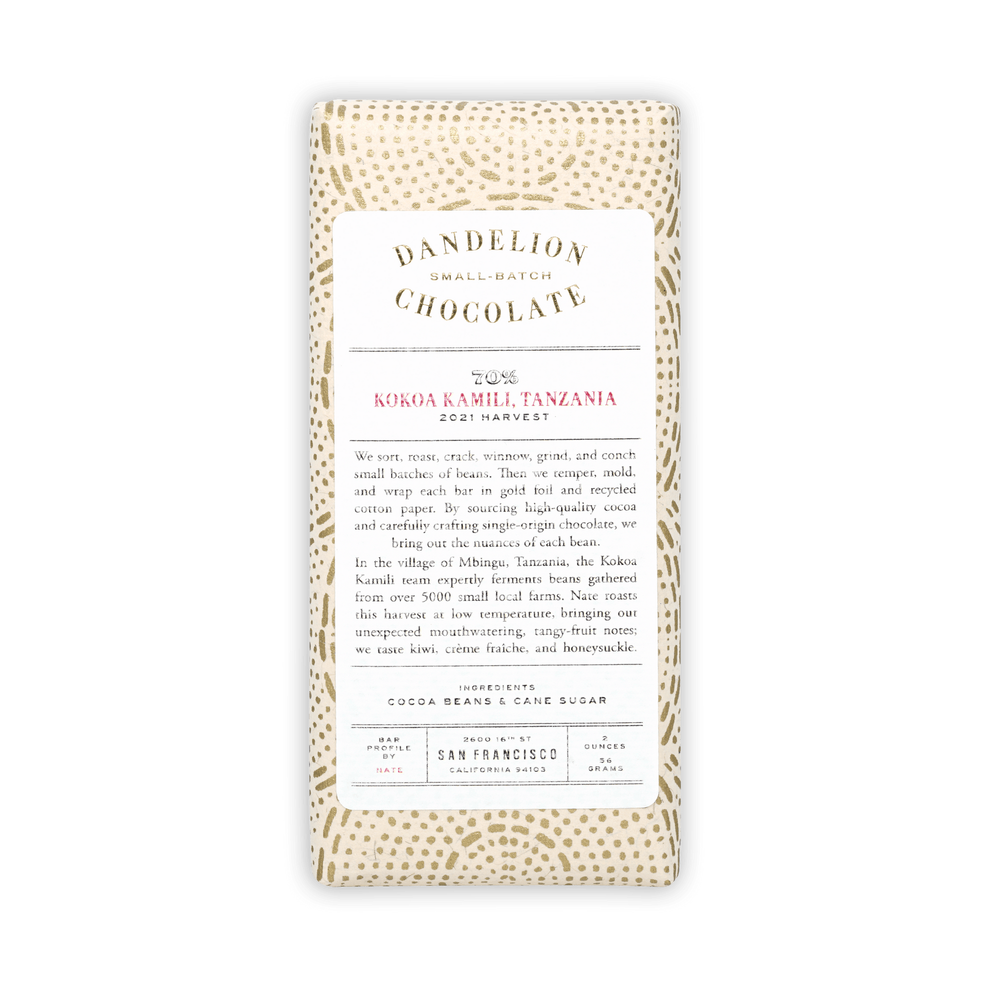 Dandelion Kokoa Kamili Tanzania 70% chocolate bar in beige wrapper