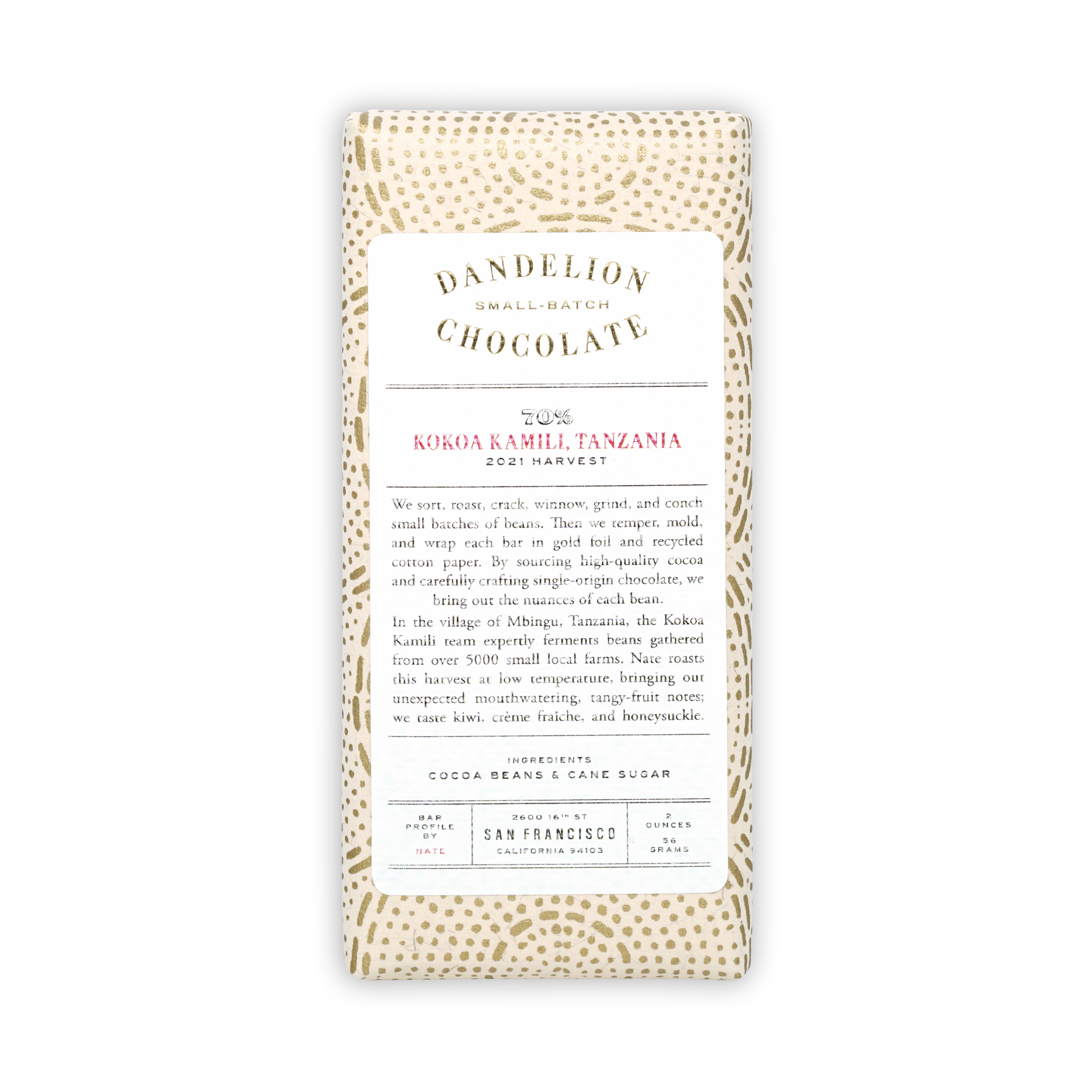 Dandelion Kokoa Kamili Tanzania 70% chocolate bar in beige wrapper