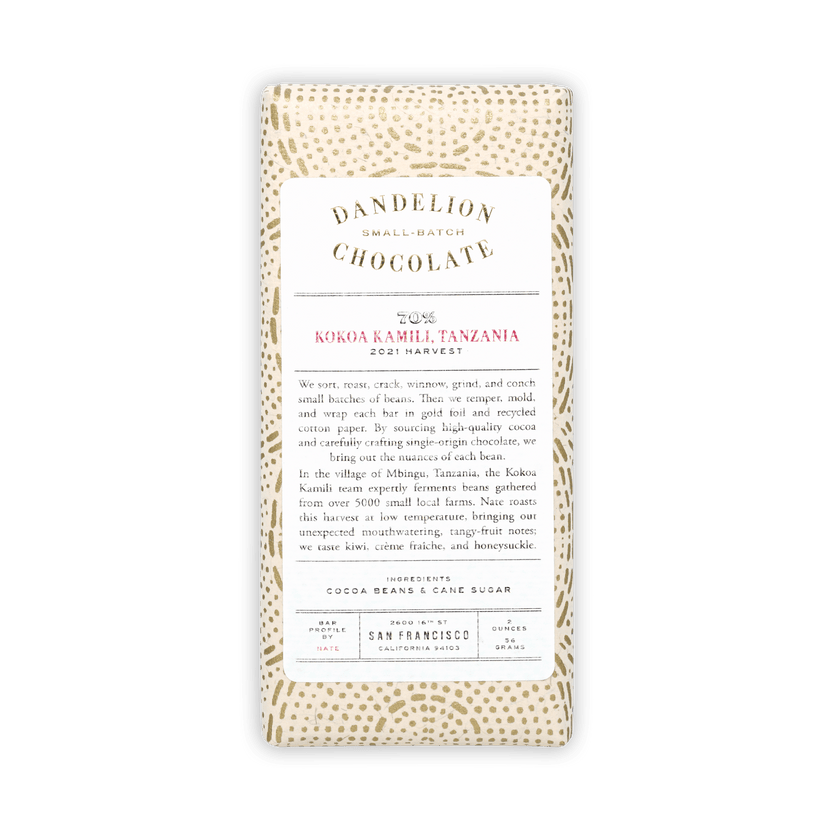 Dandelion Kokoa Kamili Tanzania 70% chocolate bar in beige wrapper