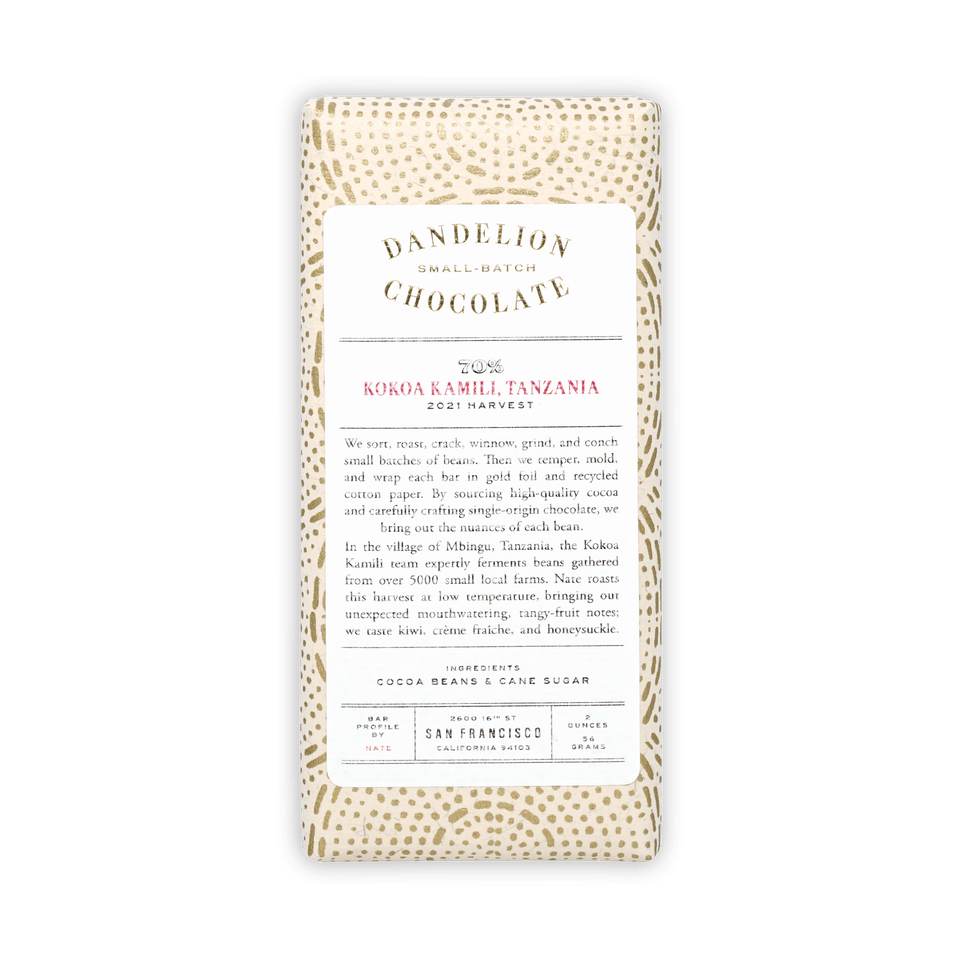 Dandelion Kokoa Kamili Tanzania 70% chocolate bar in beige wrapper