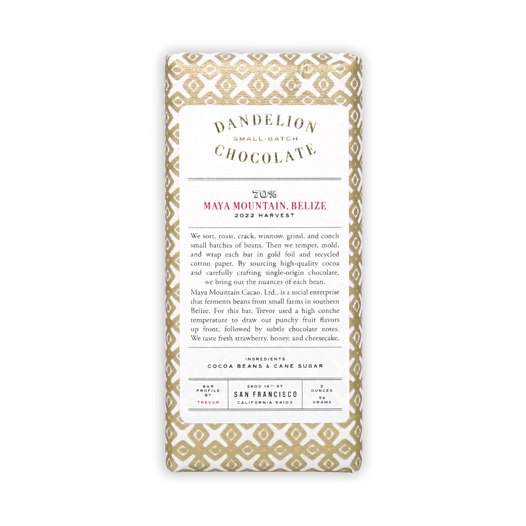 Dandelion Maya Mountain Belize 70% chocolate bar in gold paper