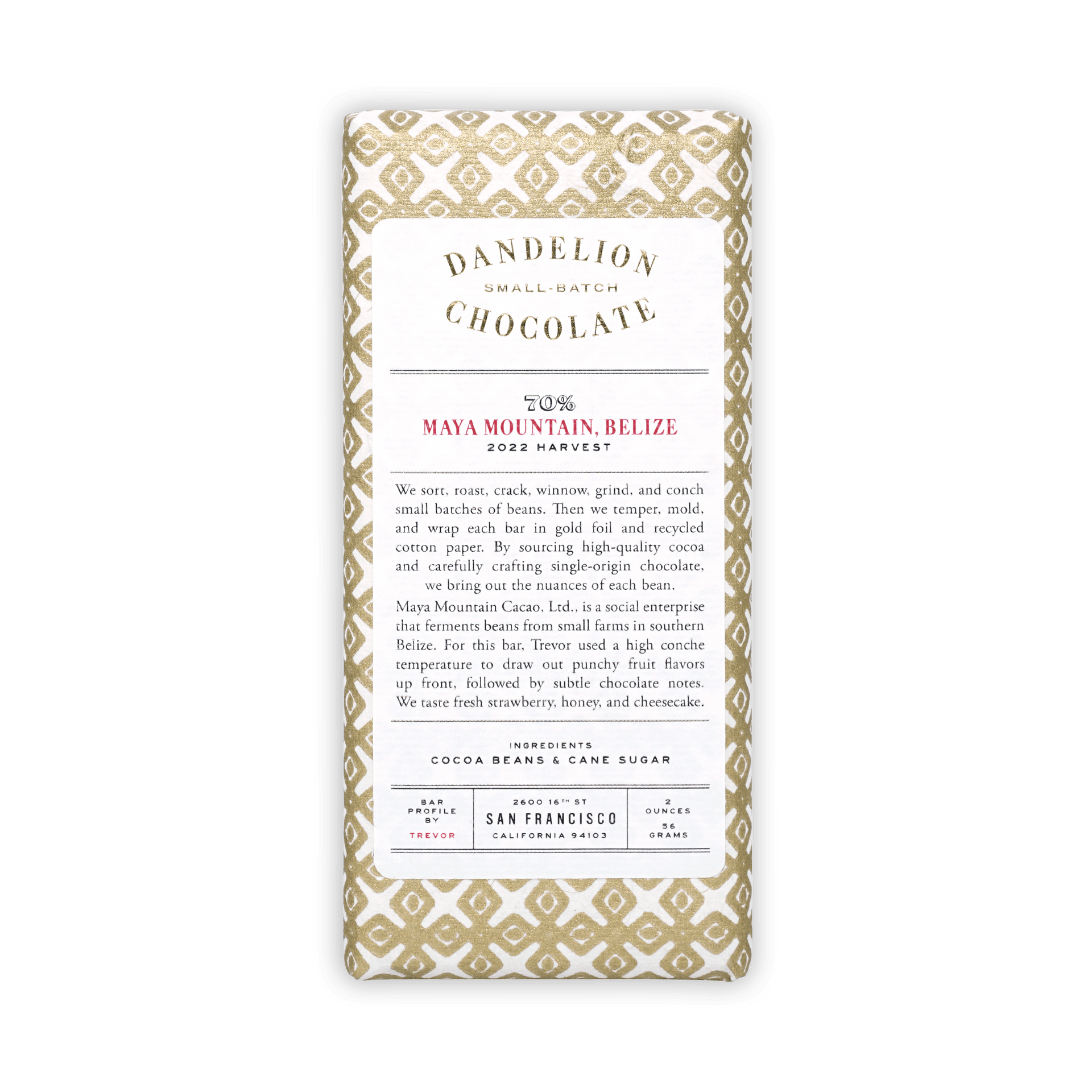 Dandelion Maya Mountain Belize 70% chocolate bar in gold paper