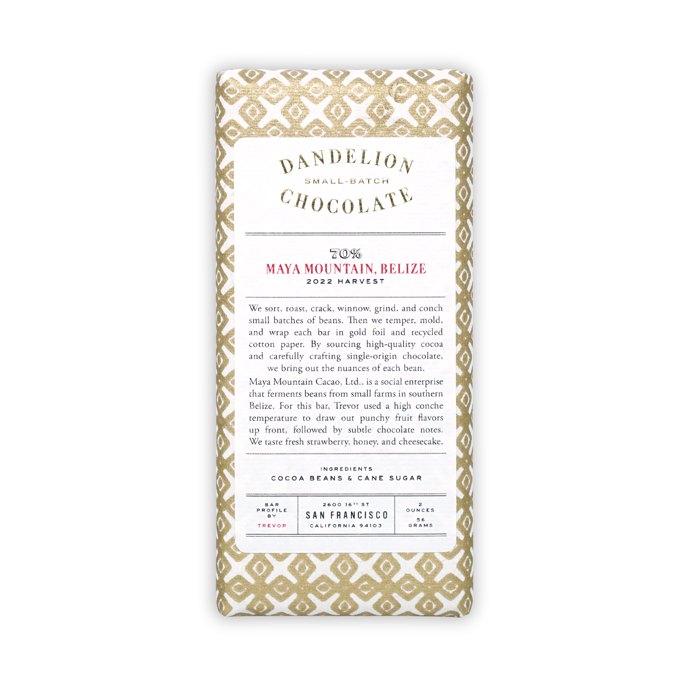 Dandelion Maya Mountain Belize 70% chocolate bar in gold paper