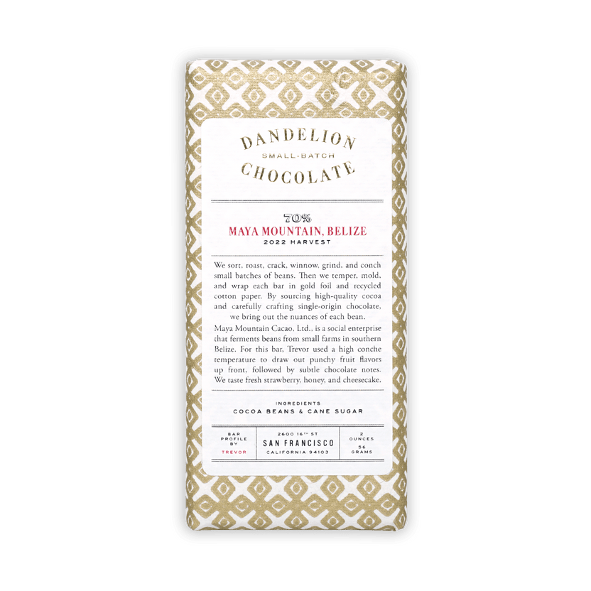 Dandelion Maya Mountain Belize 70% chocolate bar in gold paper