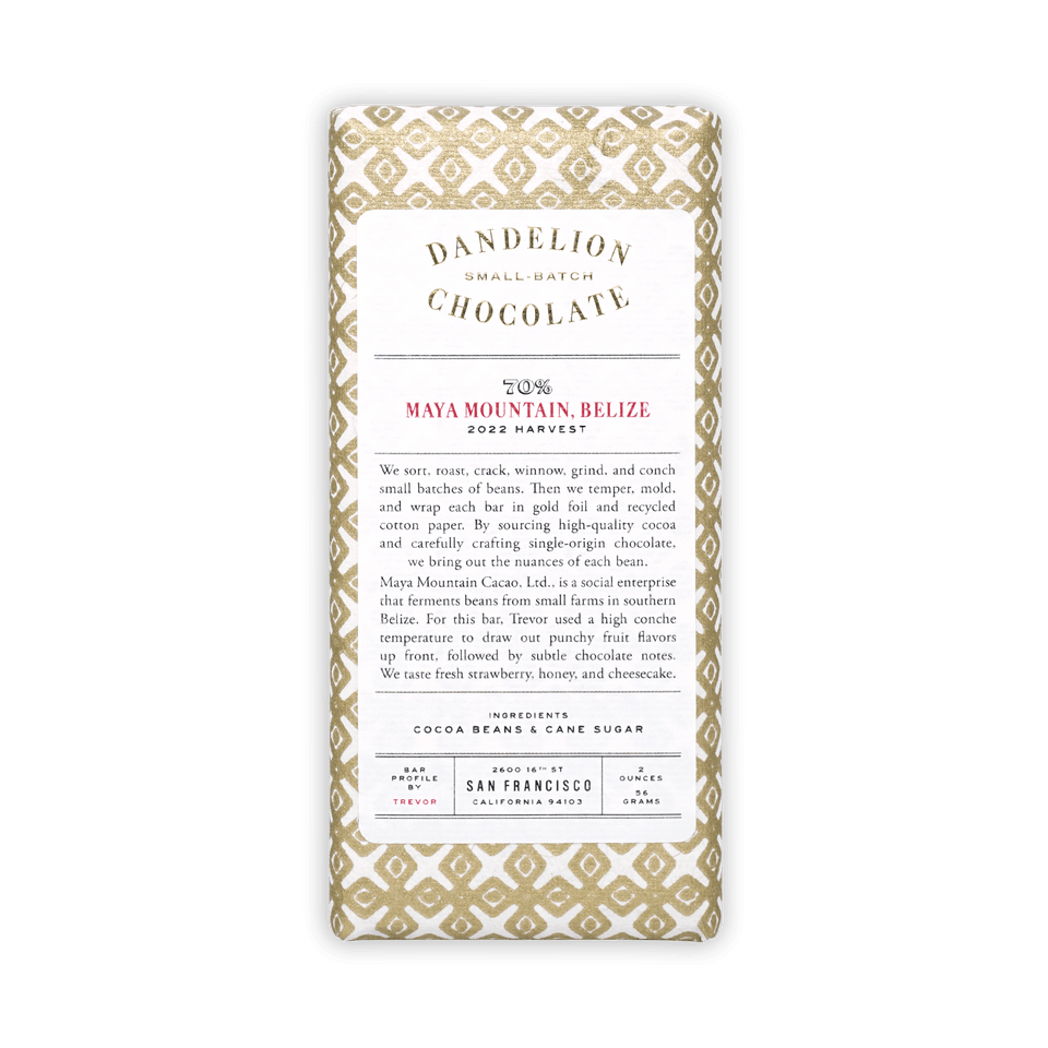 Dandelion Maya Mountain Belize 70% chocolate bar in gold paper