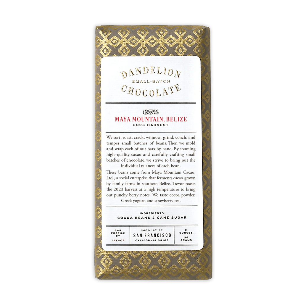Dandelion Maya Mountain Belize 85% chocolate bar with gold wrapper