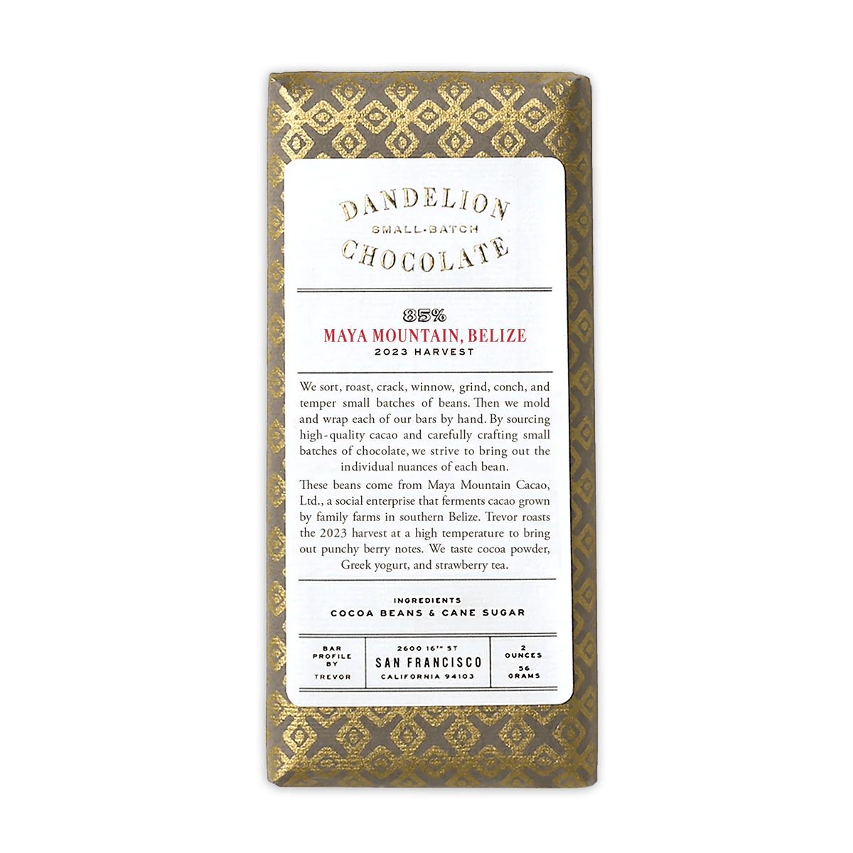 Dandelion Maya Mountain Belize 85% chocolate bar with gold wrapper