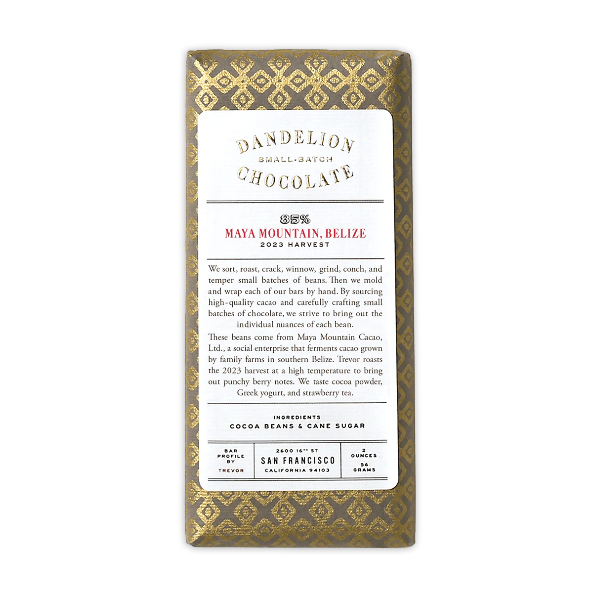 Dandelion Maya Mountain Belize 85% chocolate bar with gold wrapper