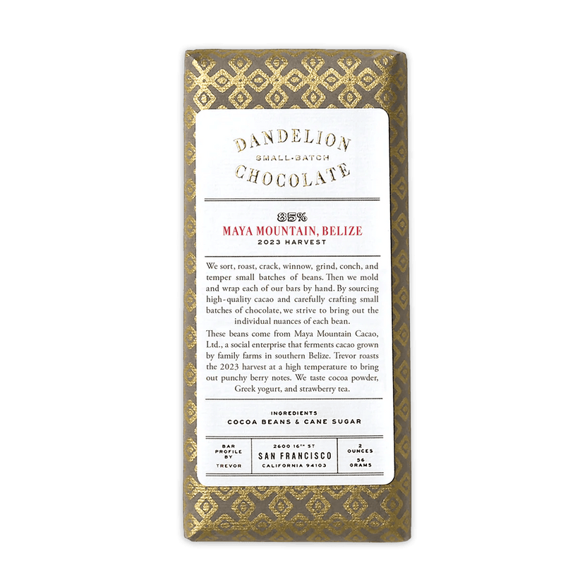 Dandelion Maya Mountain Belize 85% chocolate bar with gold wrapper
