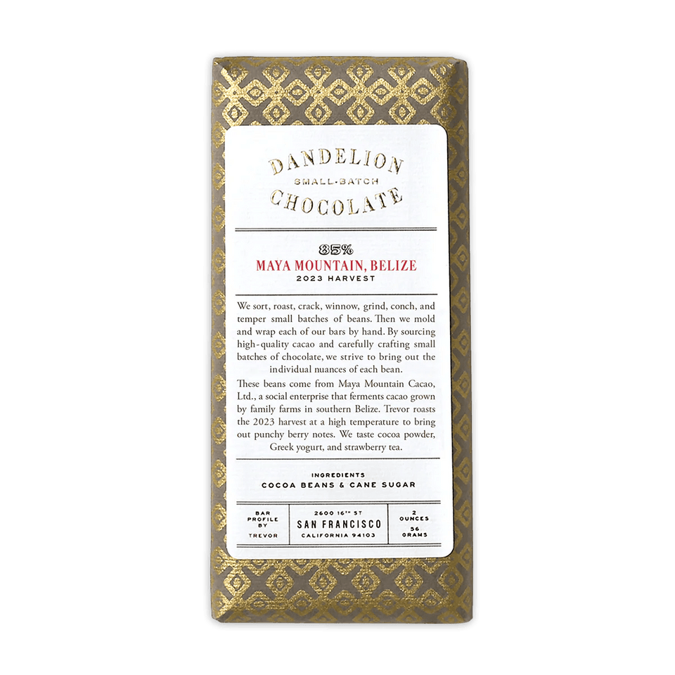 Dandelion Maya Mountain Belize 85% chocolate bar with gold wrapper