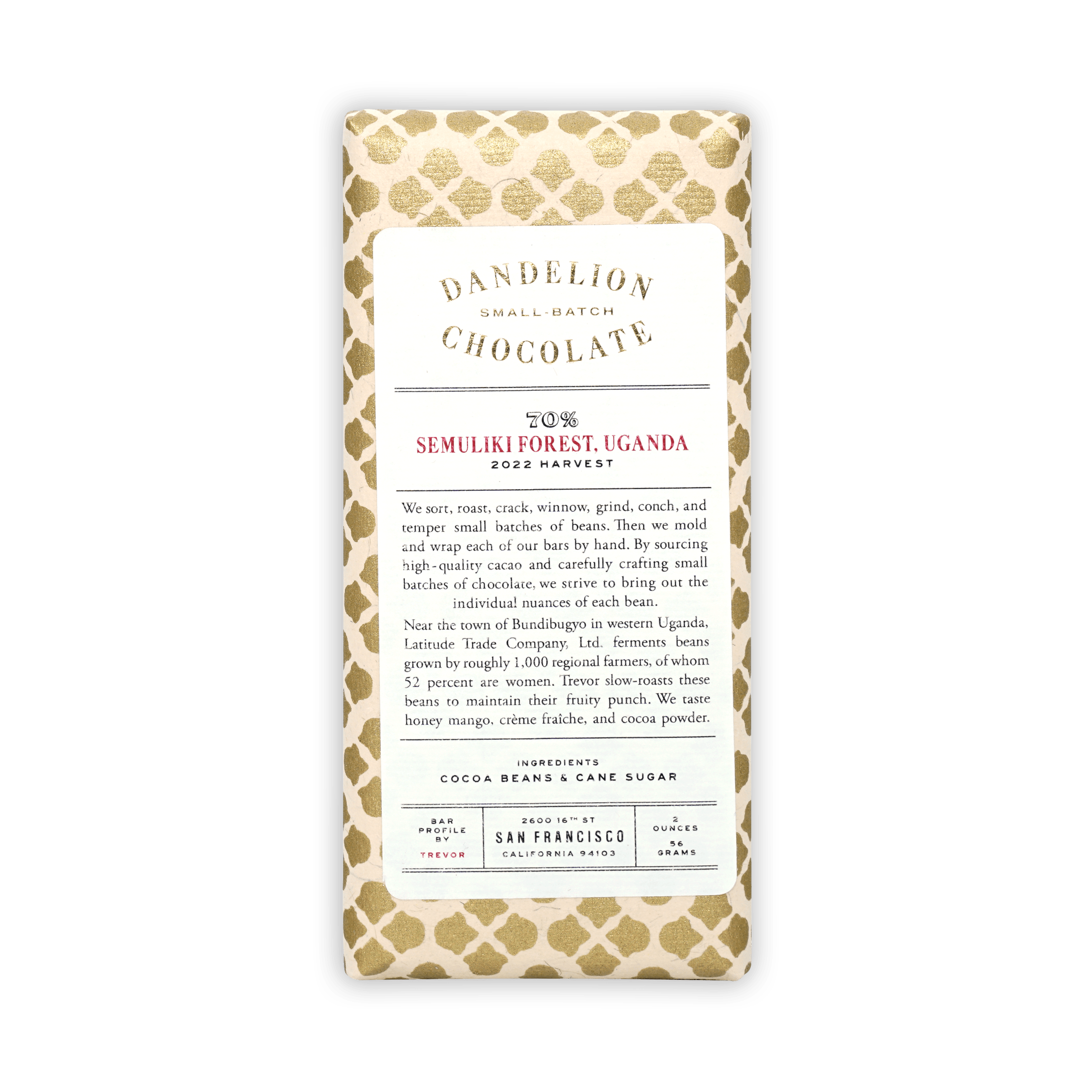 Dandelion Semulki Forest Uganda 70% chocolate bar with cream wrapper