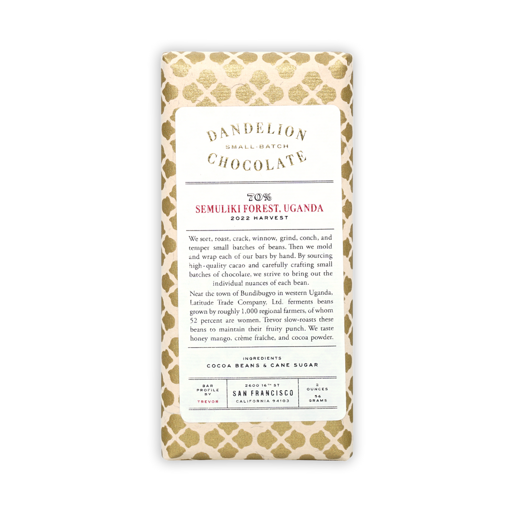 Dandelion Semulki Forest Uganda 70% chocolate bar with cream wrapper