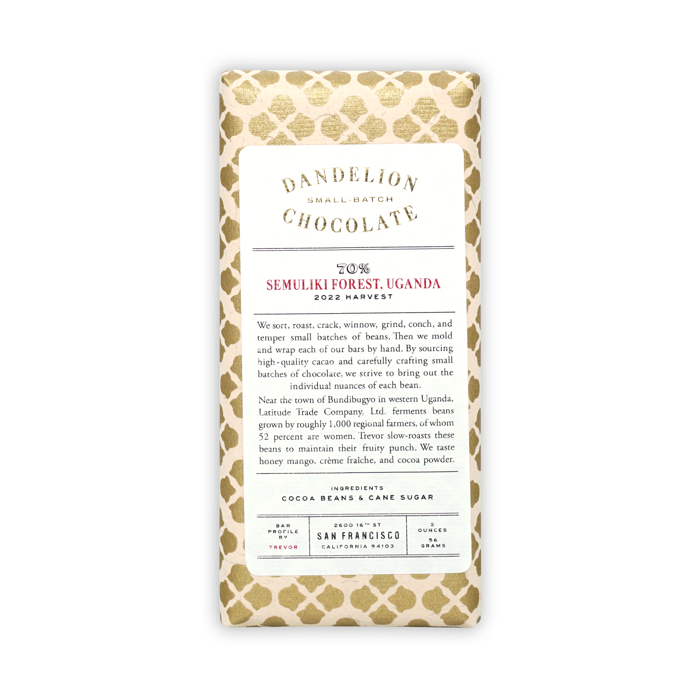 Dandelion Semulki Forest Uganda 70% chocolate bar with cream wrapper