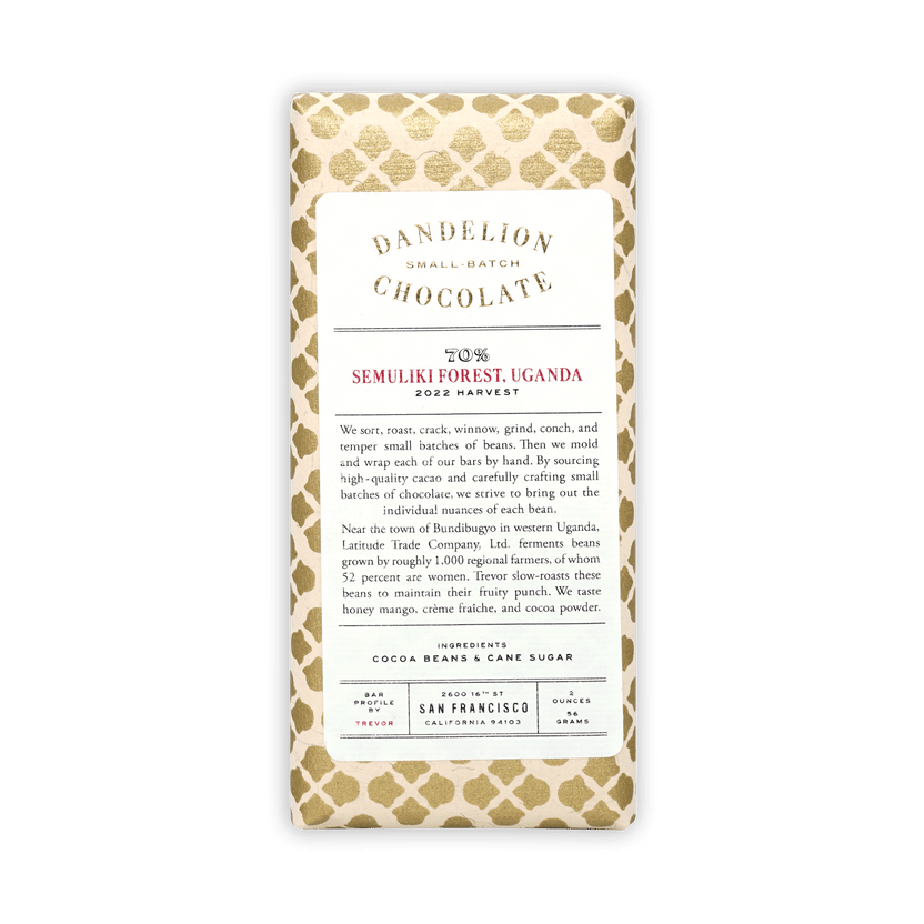Dandelion Semulki Forest Uganda 70% chocolate bar with cream wrapper