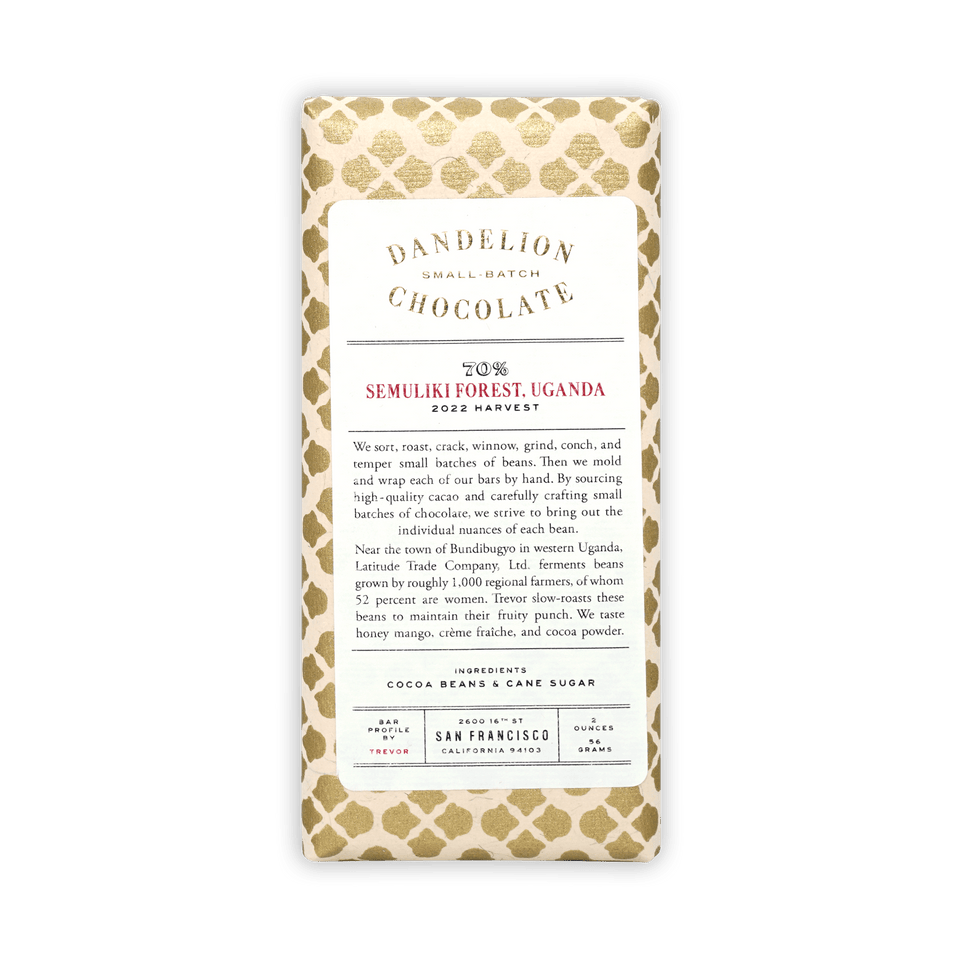 Dandelion Semulki Forest Uganda 70% chocolate bar with cream wrapper