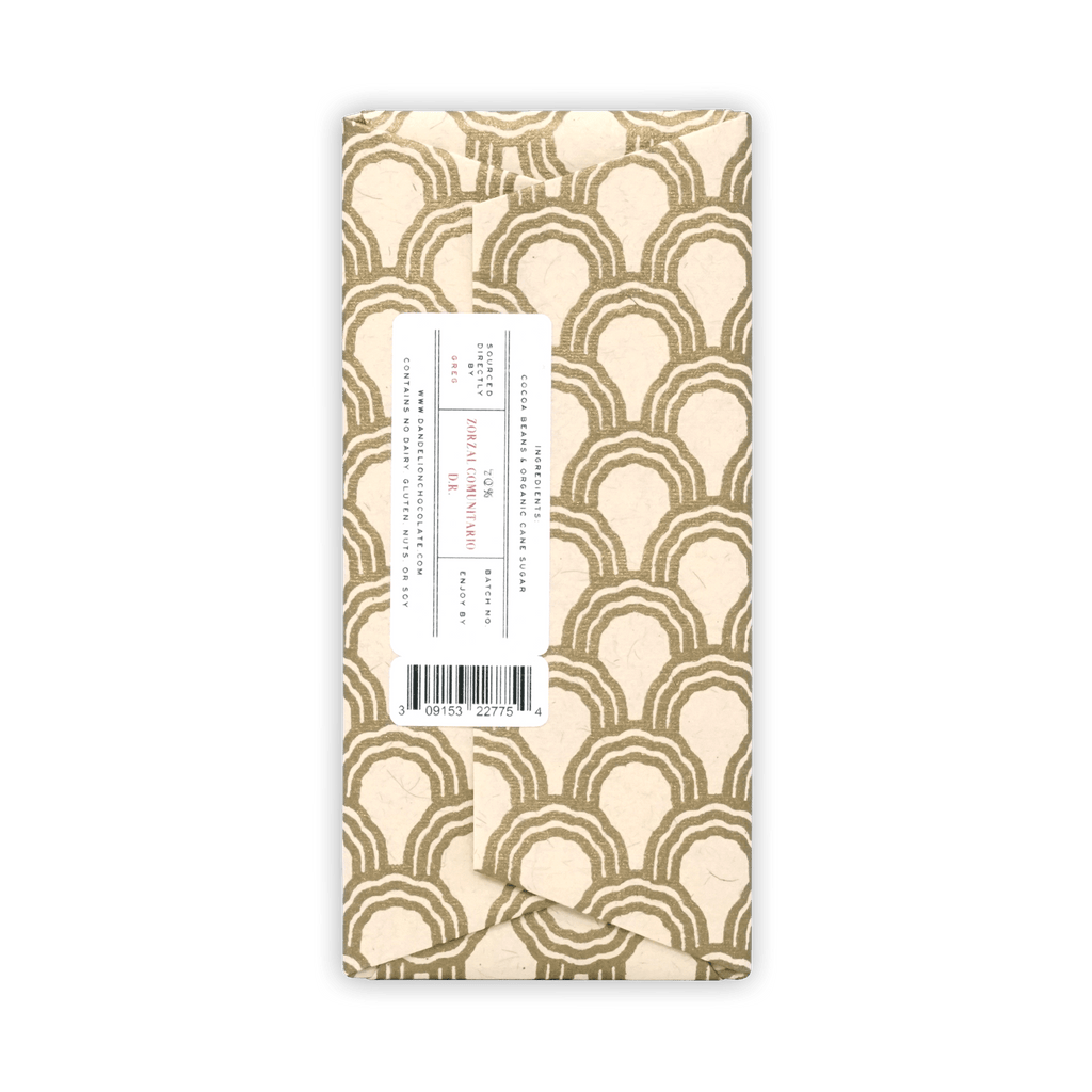 Dandelion Zorzal Comunitario DR 70% dark chocolate bar in gold wave paper