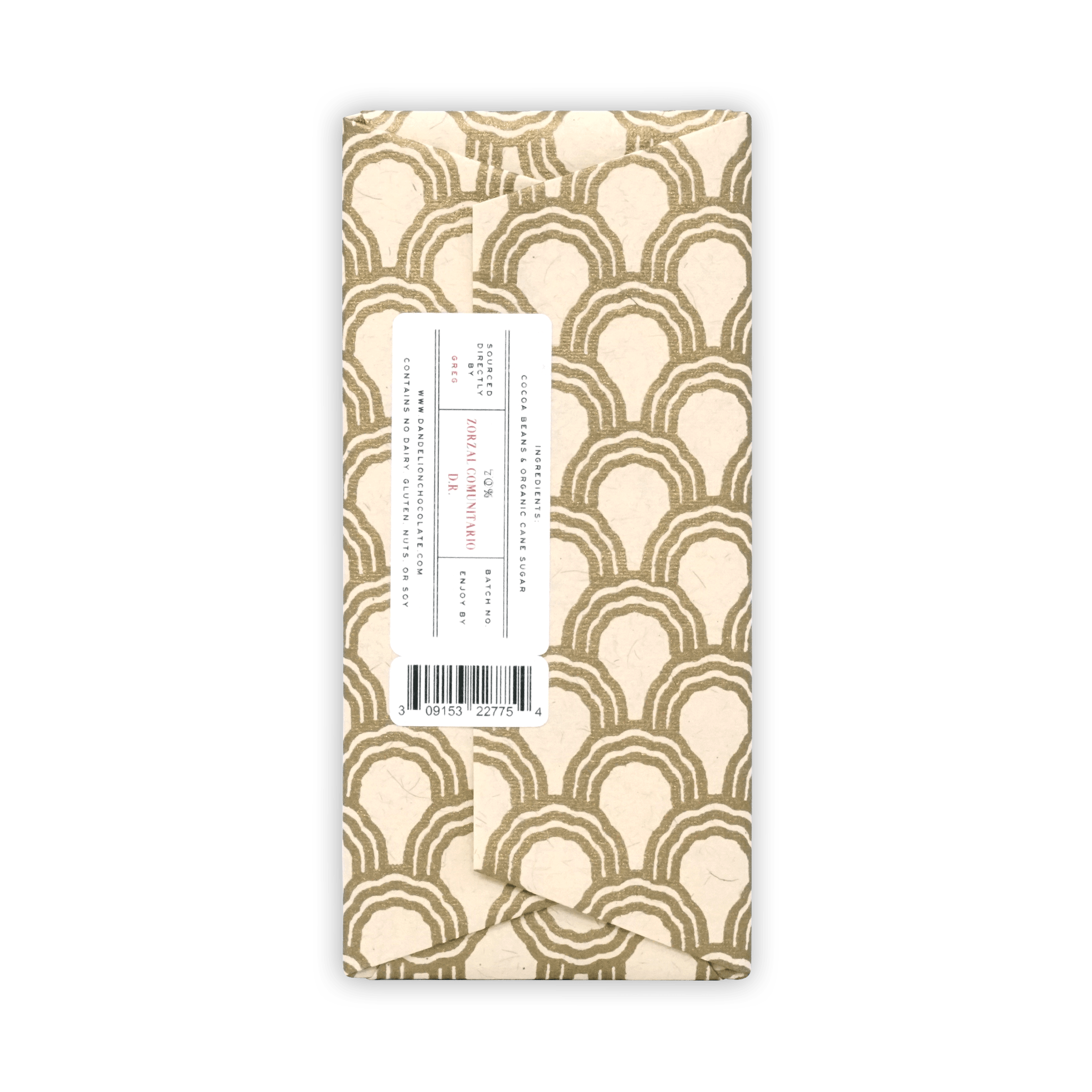 Dandelion Zorzal Comunitario DR 70% dark chocolate bar in gold wave paper