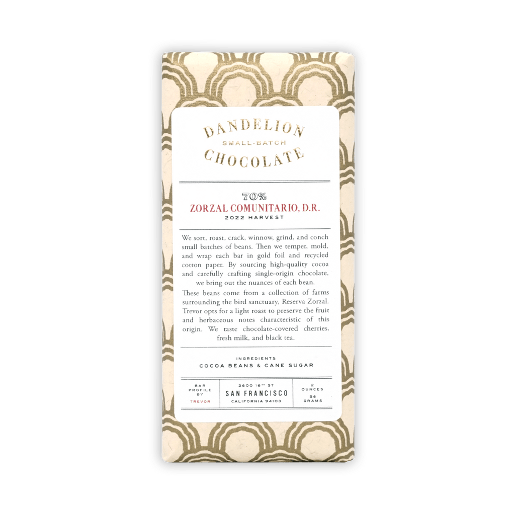 Dandelion Zorzal Comunitario D.R. 70% chocolate bar in beige wrapper