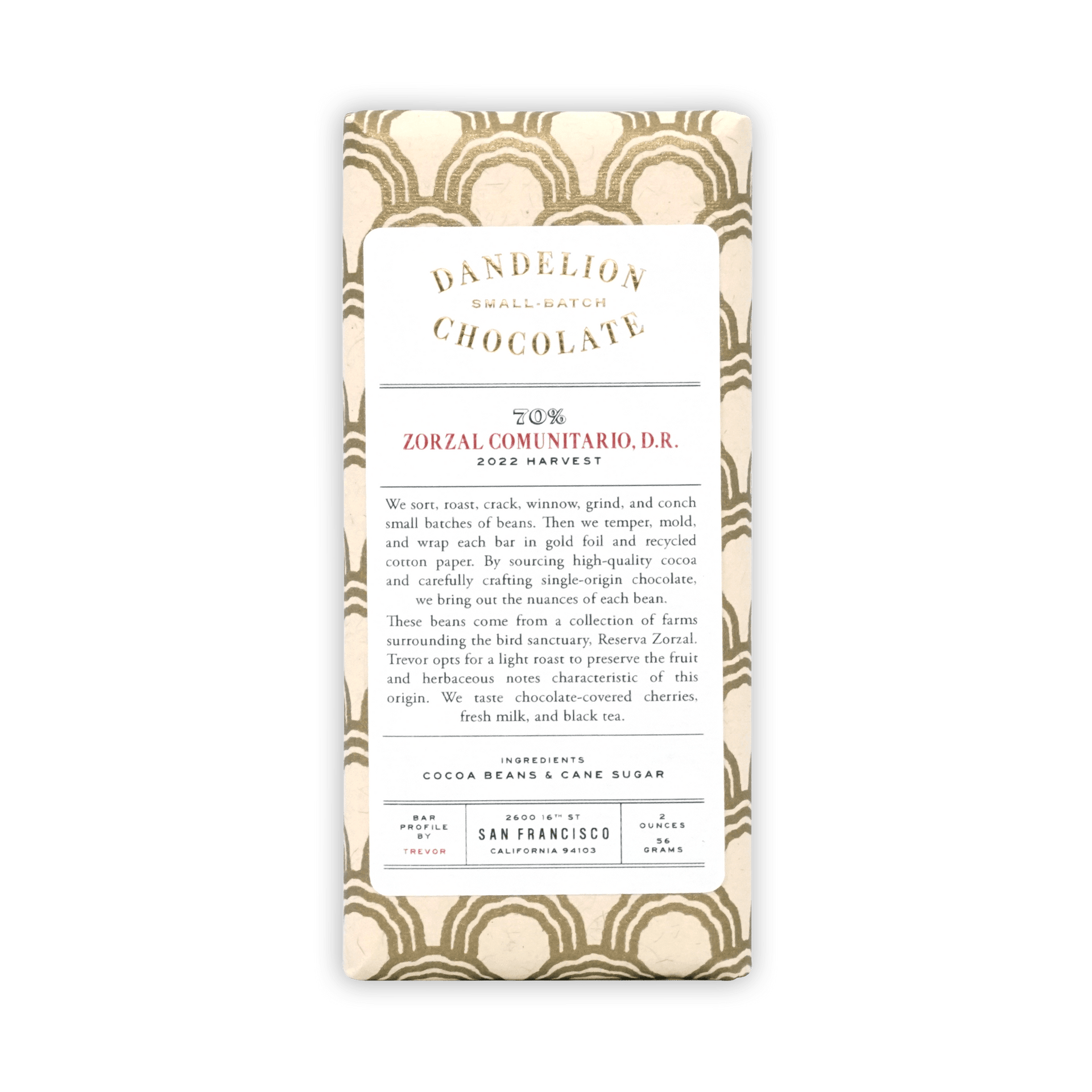 Dandelion Zorzal Comunitario D.R. 70% chocolate bar in beige wrapper