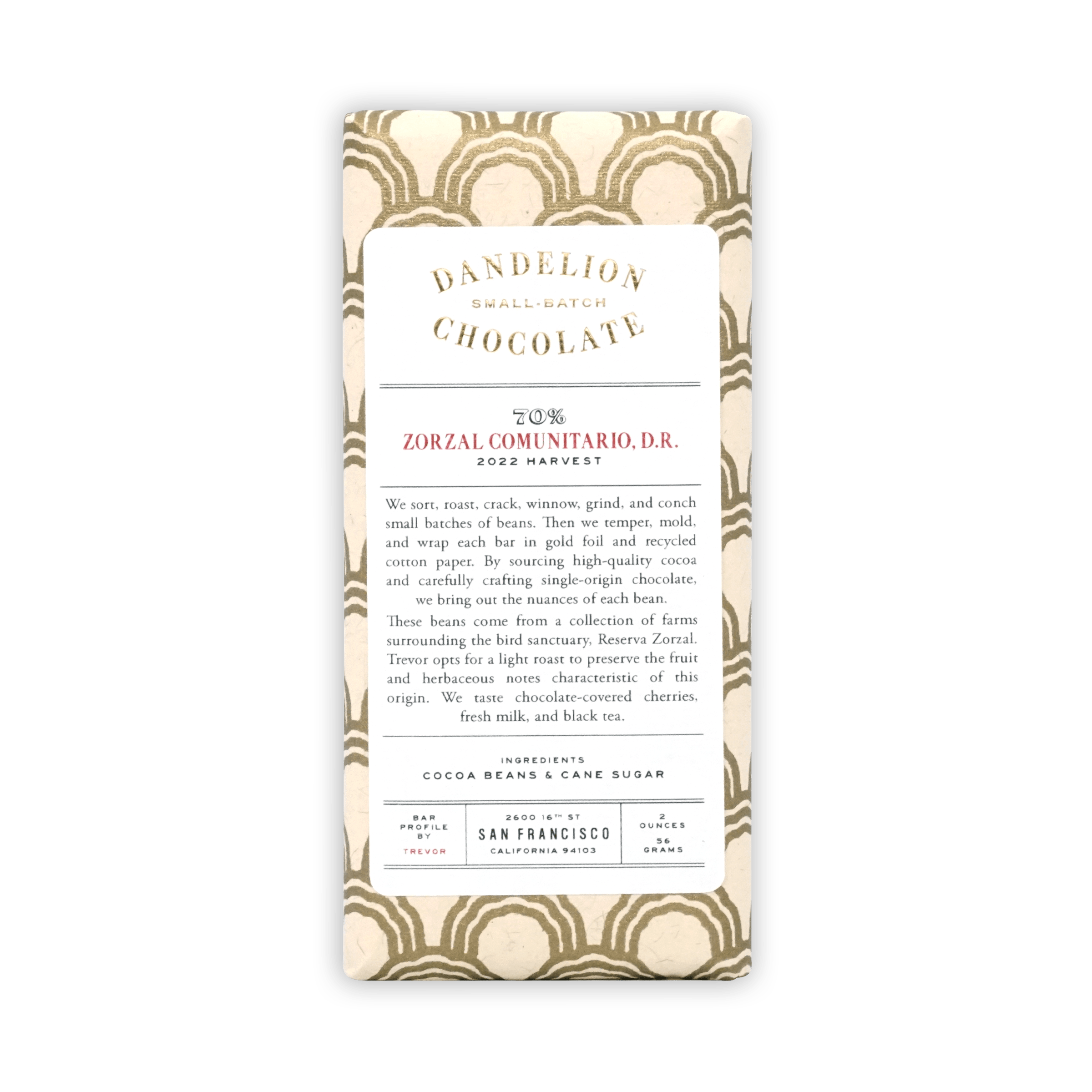 Dandelion Zorzal Comunitario D.R. 70% chocolate bar in beige wrapper