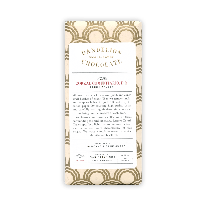 Dandelion Zorzal Comunitario D.R. 70% chocolate bar in beige wrapper