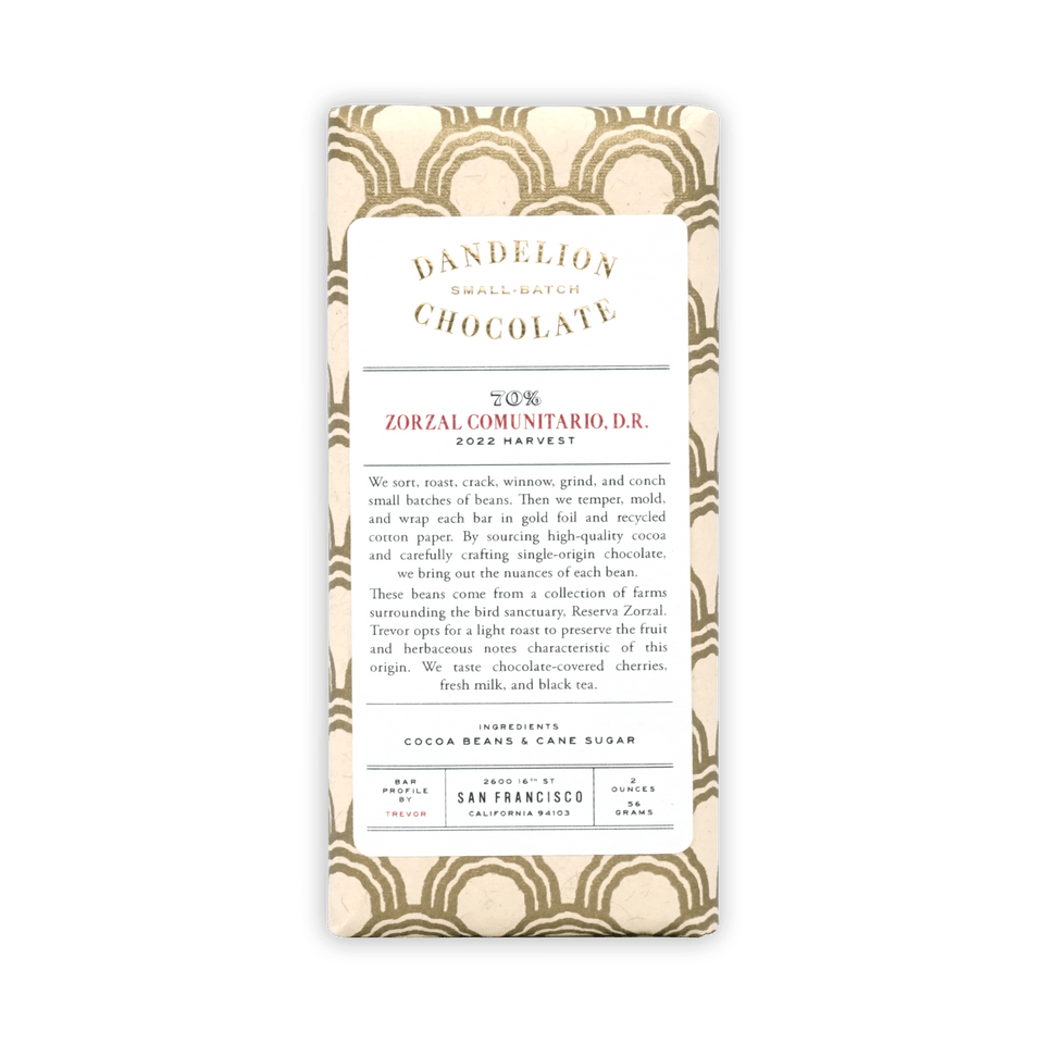 Dandelion Zorzal Comunitario D.R. 70% chocolate bar in beige wrapper