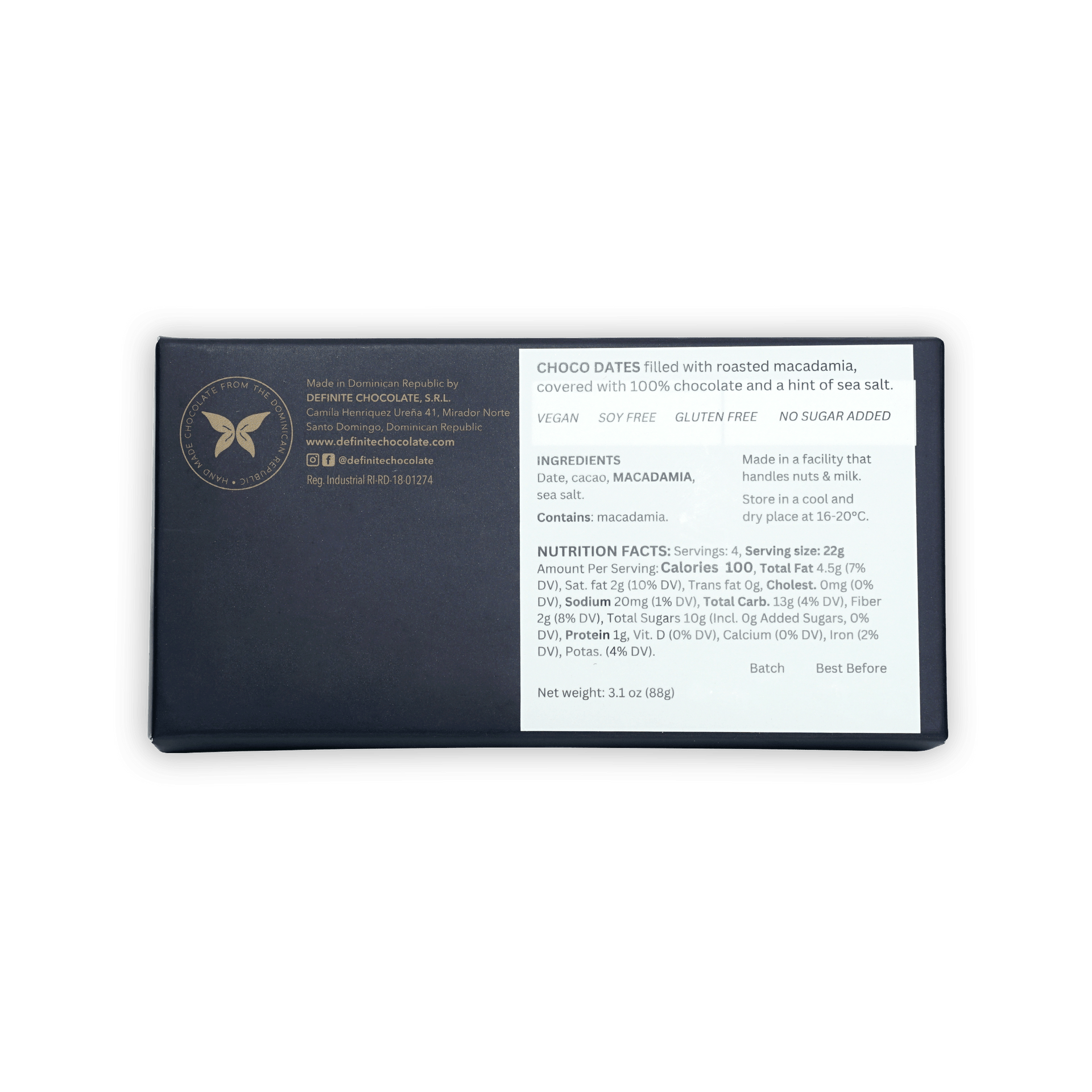 Definite 100% Dark Chocolate Covered Dates with Macadamia, 8 pcs box