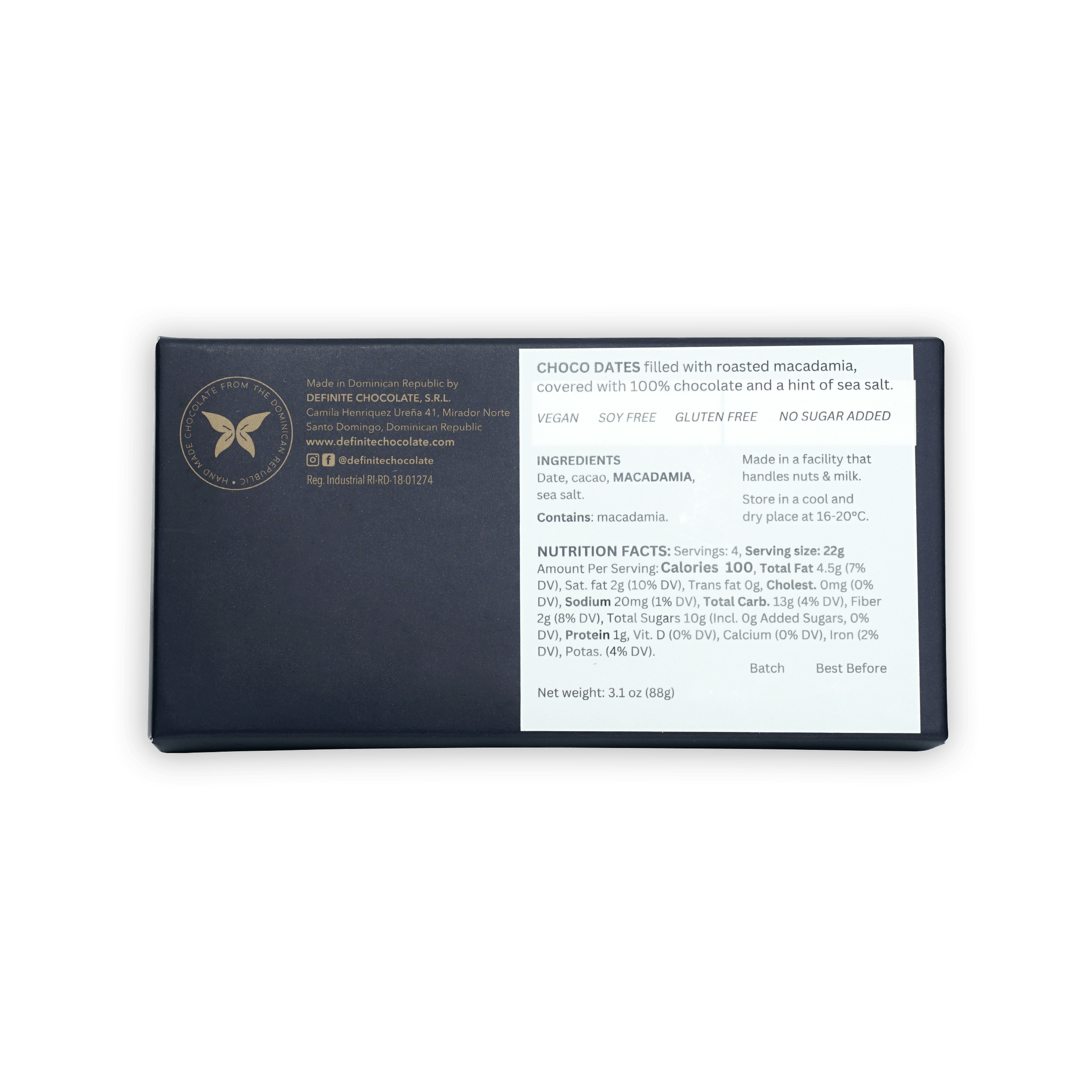 Definite 100% Dark Chocolate Covered Dates with Macadamia, 8 pcs box
