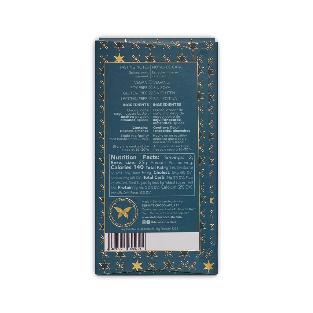 Back of the teal Definite box with tasting notes, dietary check marks, ingredients, nutrition facts, and a barcode.