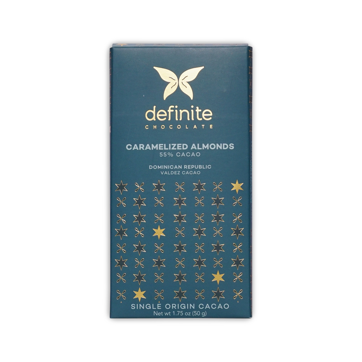 Teal Definite Chocolate box with a gold butterfly and star pattern, reading Caramelized Almonds 55% Cacao.