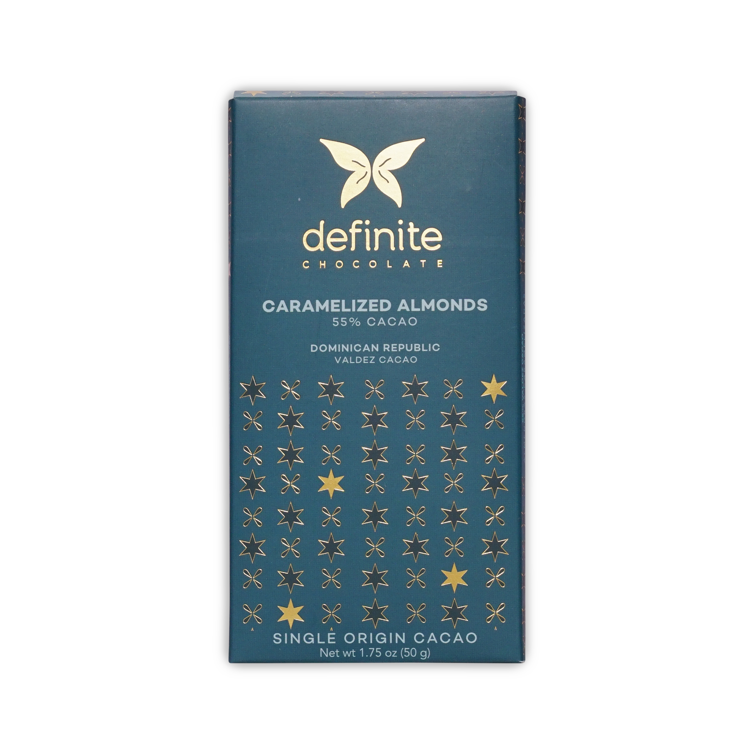 Teal Definite Chocolate box with a gold butterfly and star pattern, reading Caramelized Almonds 55% Cacao.
