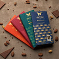 Definite bars fanned out with cacao beans.