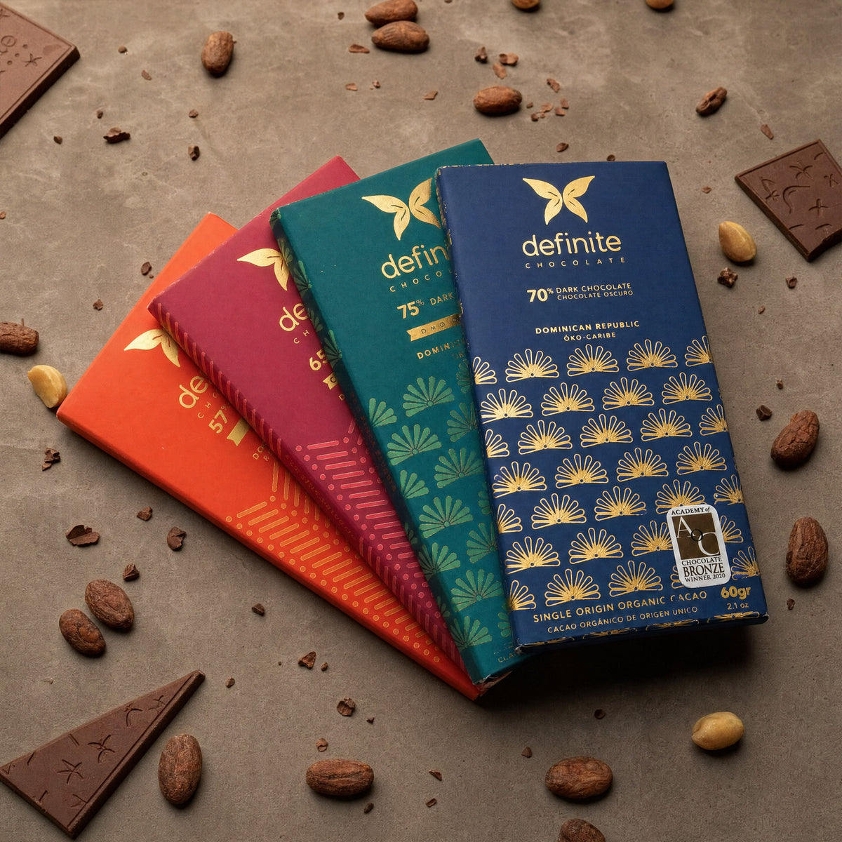 Definite bars fanned out with cacao beans.