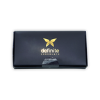 Definite 100% dark chocolate covered dates with macadamia, black box with gold butterfly logo