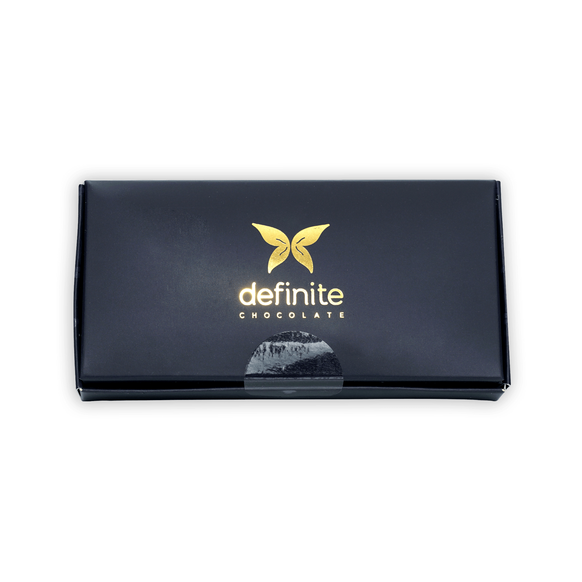 Definite 100% dark chocolate covered dates with macadamia, black box with gold butterfly logo