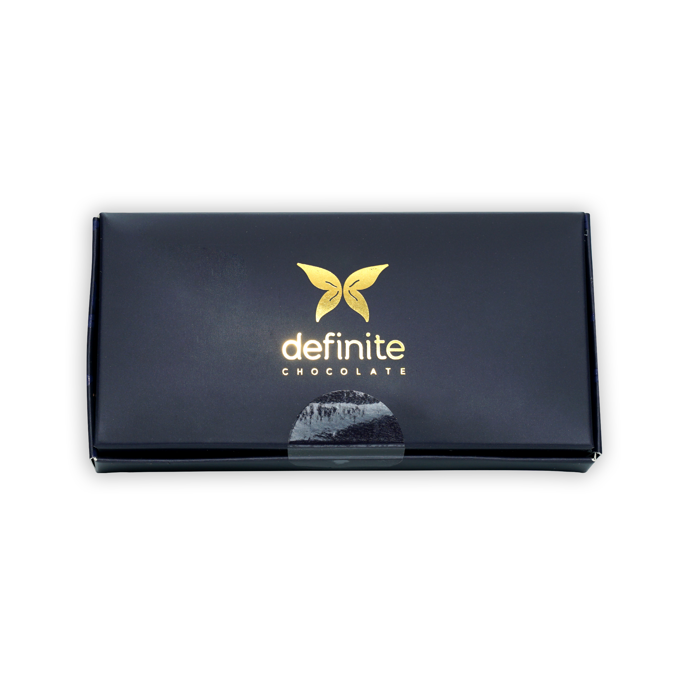 Definite 100% dark chocolate covered dates with macadamia, black box with gold butterfly logo