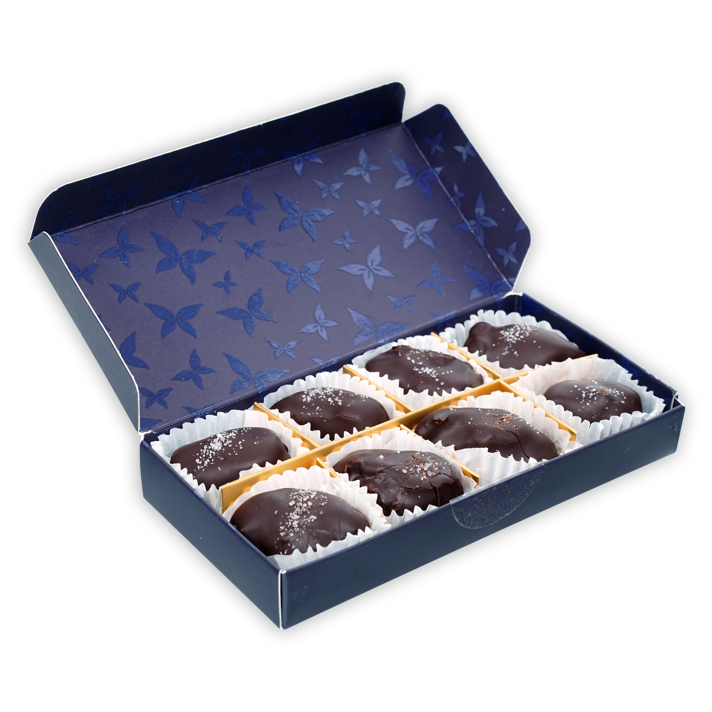 Definite 100% dark chocolate covered dates with macadamia in navy box