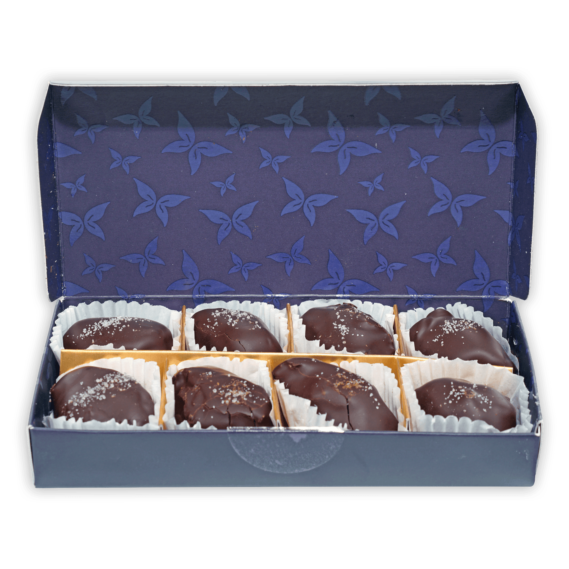 Definite 100% dark chocolate covered dates with macadamia in blue butterfly box