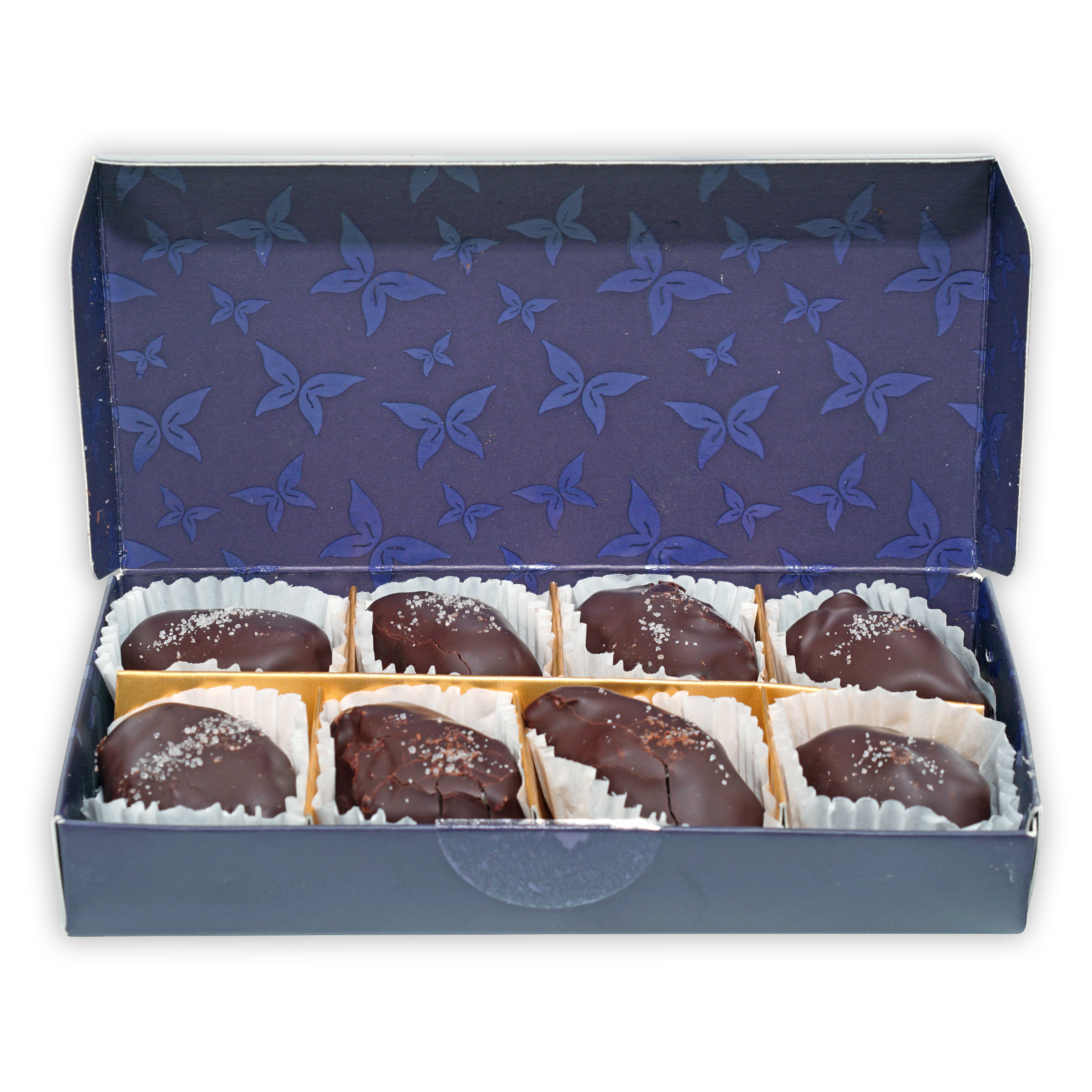 Definite 100% dark chocolate covered dates with macadamia in blue butterfly box