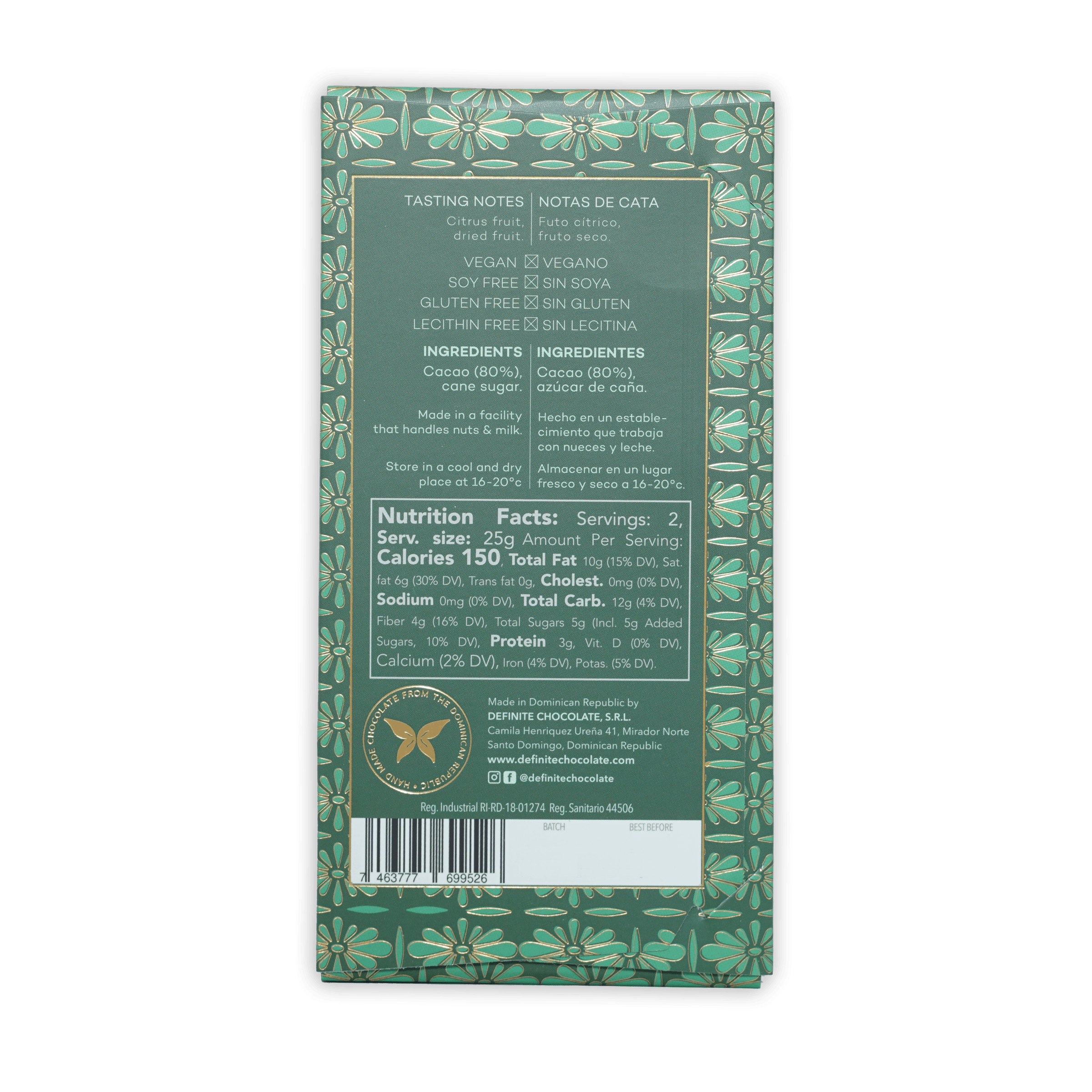 Definite Oko Caribe Dark 80% vegan soy-free chocolate bar wrapper