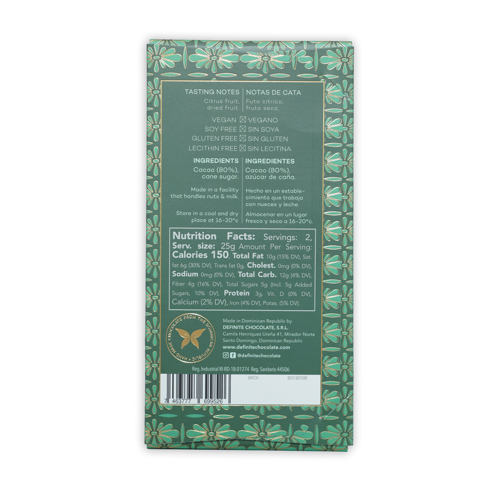 Definite Oko Caribe Dark 80% vegan soy-free chocolate bar wrapper