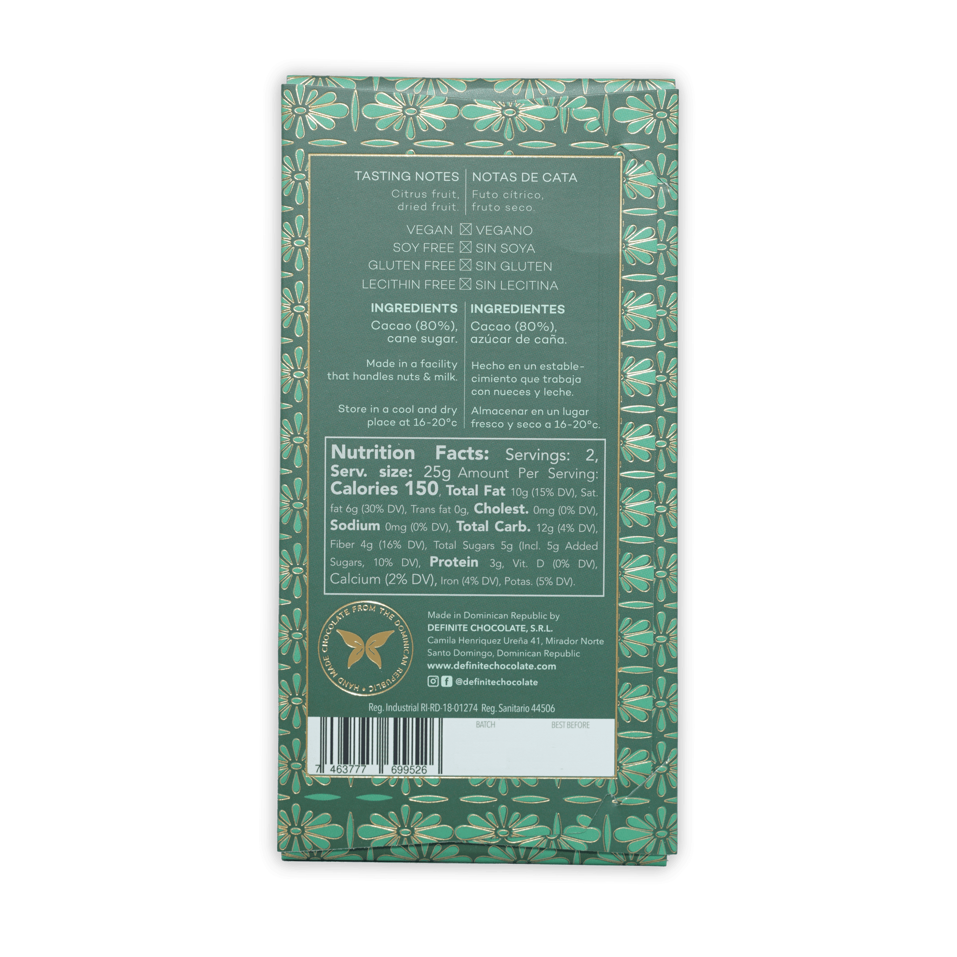 Definite Oko Caribe Dark 80% vegan soy-free chocolate bar wrapper
