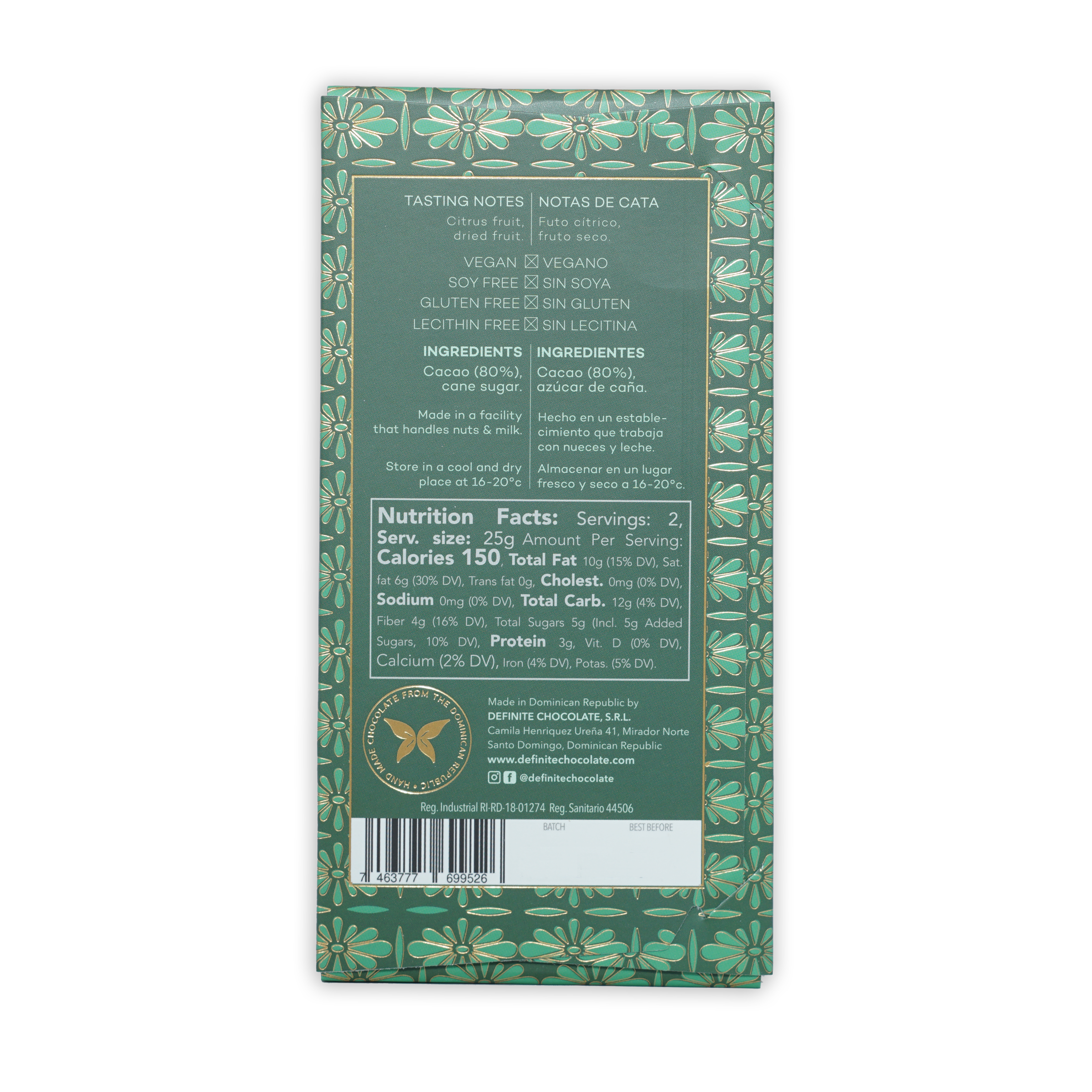 Definite Oko Caribe Dark 80% vegan soy-free chocolate bar wrapper